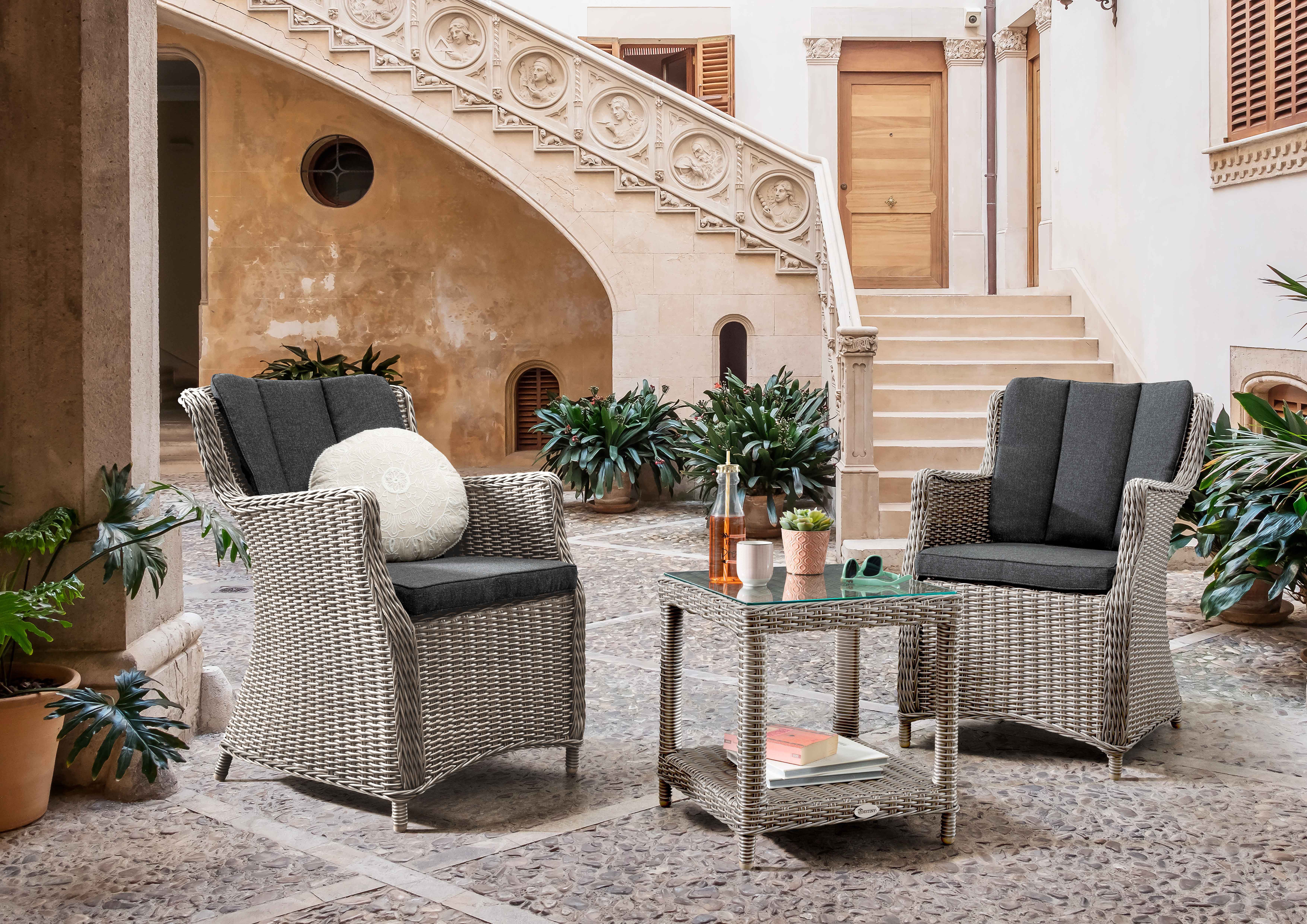 Destiny Balkonset LUNA MERANO, (Set, 3-tlg., 1 Beistelltisch, 2 Sessel), (Set, 7-tlg., 2 Sessel, 1 Tisch 46x47x50cm) Aluminium, Polyrattan