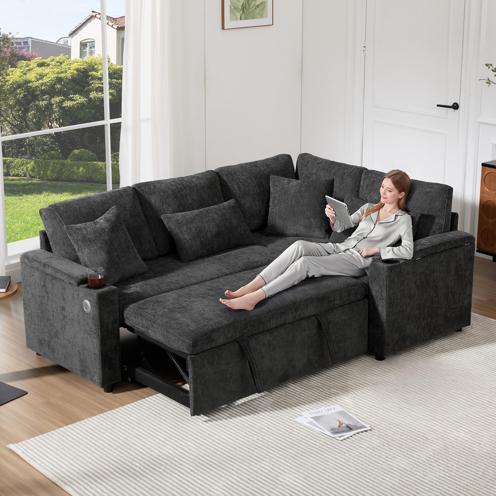 Merax Ecksofa L-förmiges ausziehbares Sofa mit USB-Anschluss, 1 Teile, mit Stauraum, Getränkehalter, Armlehnenablage & 4 Kissen,Chenille-Samt