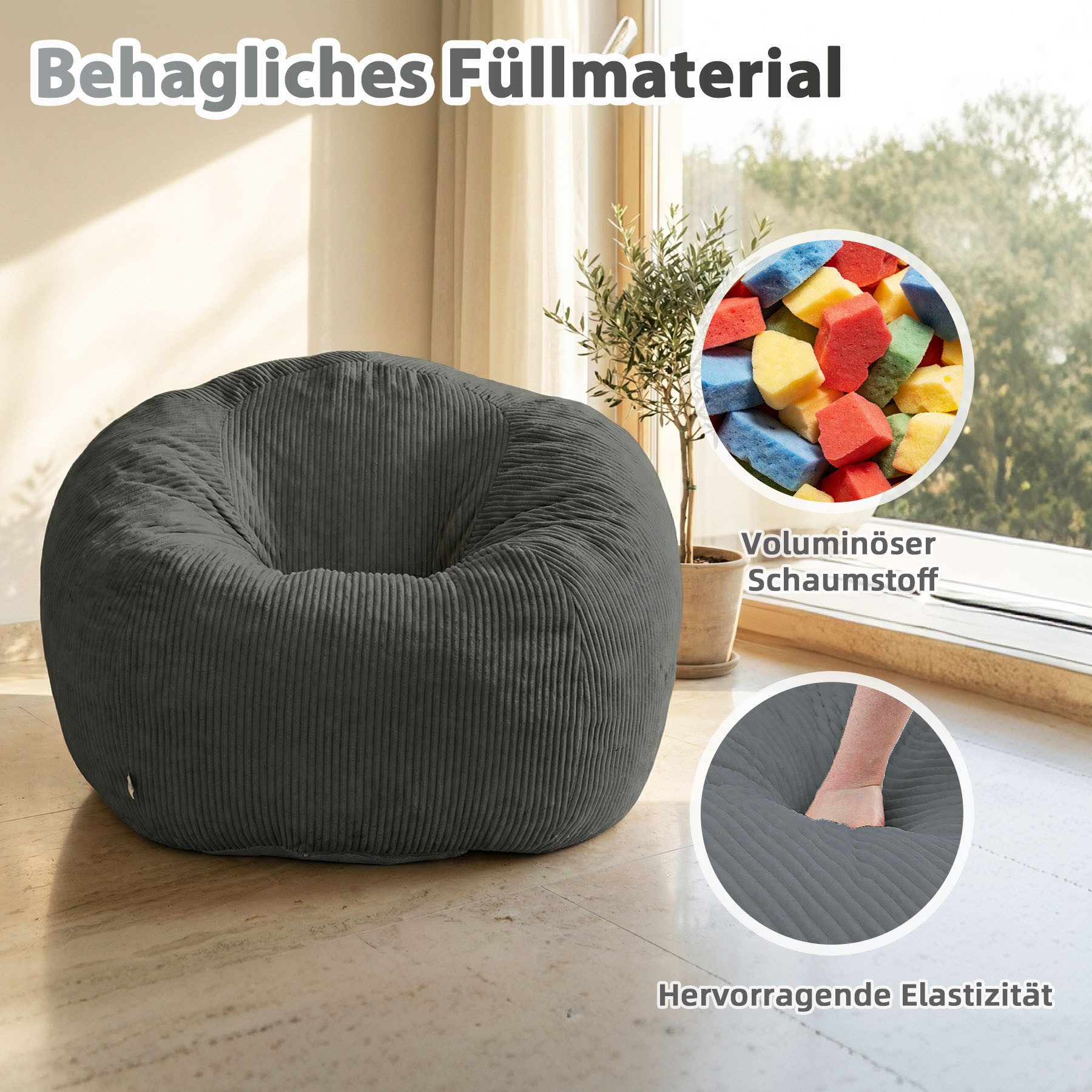 HomeMiYN Sitzsack Rund Sitzsack XXL aus Cord weiches Sofa für Wohnzimmer – Bild 4 von 5