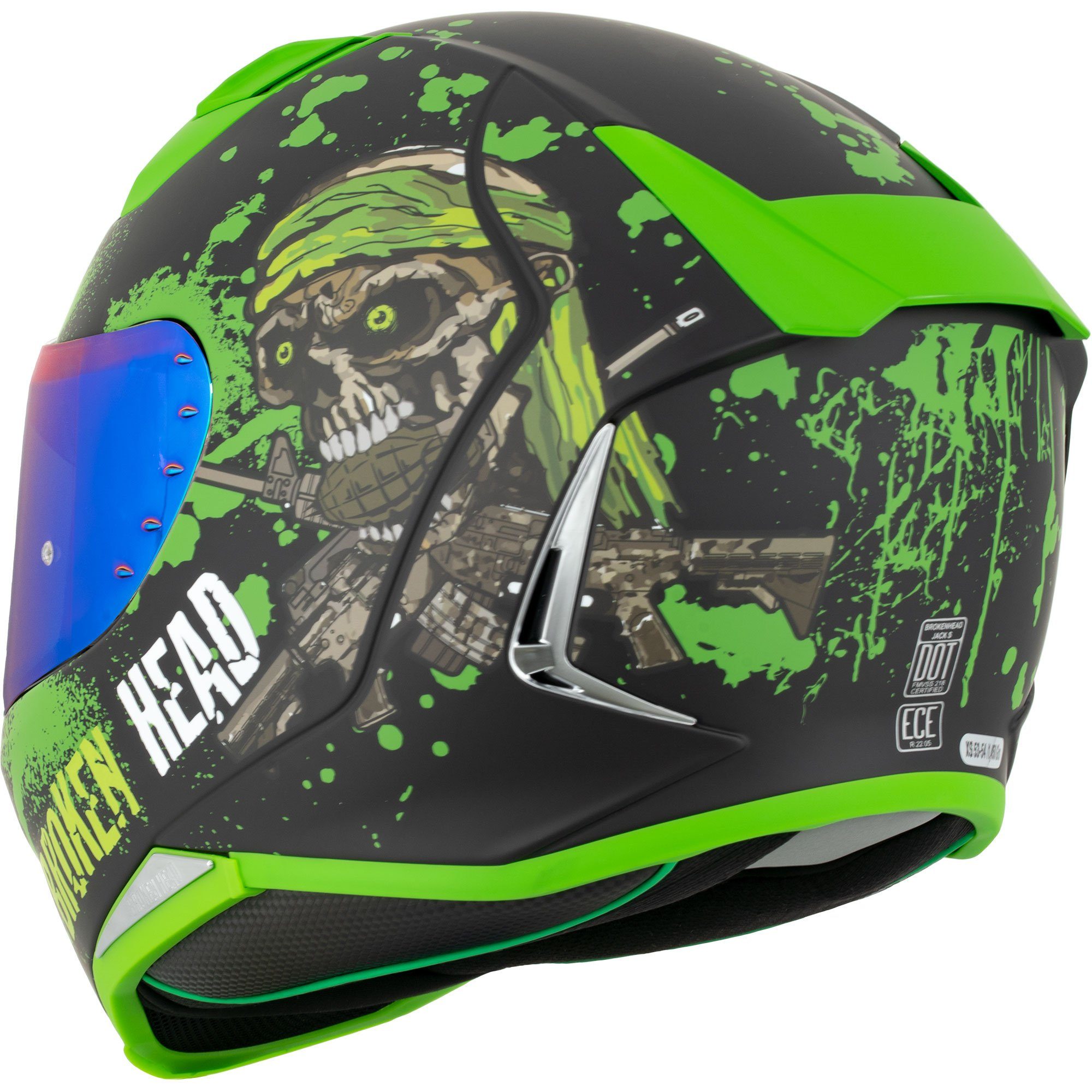 Broken Head Motorradhelm Broken Head Jack S. V2 Pro Grün (mit klarem und grün verspiegeltem Visier), inklusive 2 Visieren, Pinlock vorbereitet