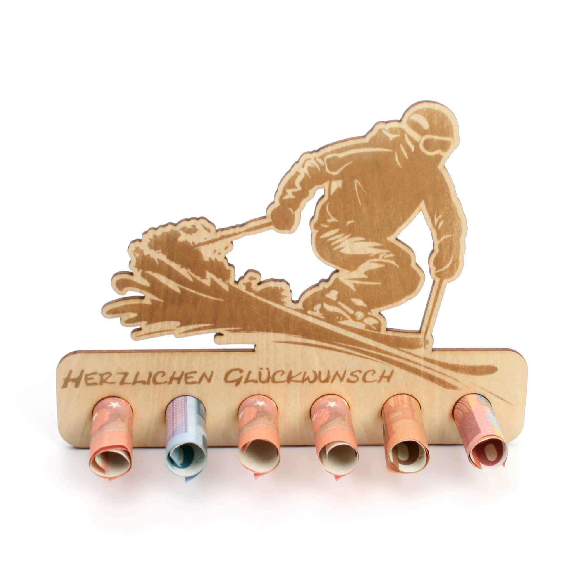 Kreative Feder Glückwunschkarte Geldgeschenk für Wellness & Sport, origineller Geldscheinhalter aus Holz mit 6 Löchern für Geldscheine