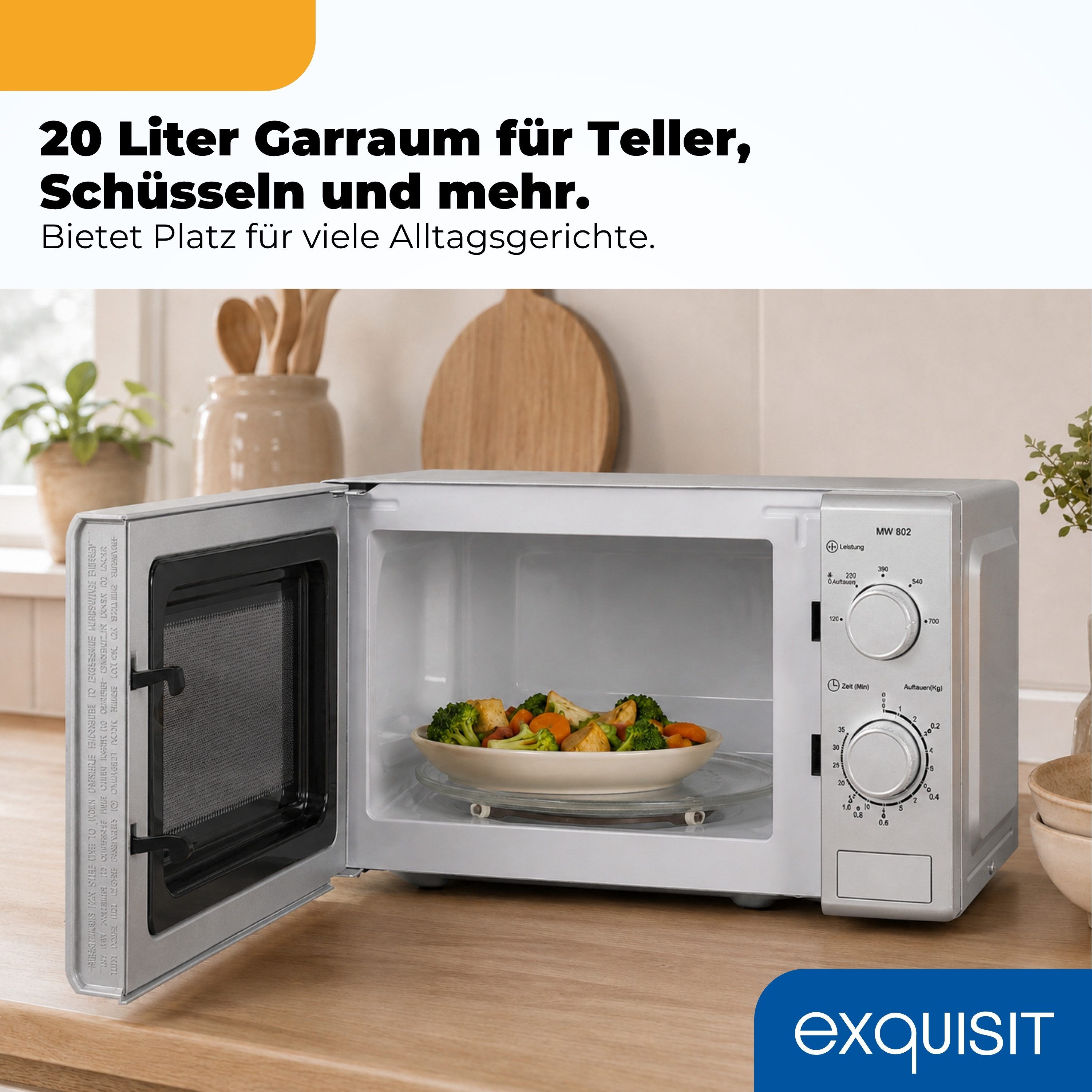 exquisit Mikrowelle MW 802, Mikrowelle, 20,00 l, 20 Liter, 25,5 cm Drehteller, inkl. Timer, einfach Bedienung, 700 Watt – Bild 5 von 5