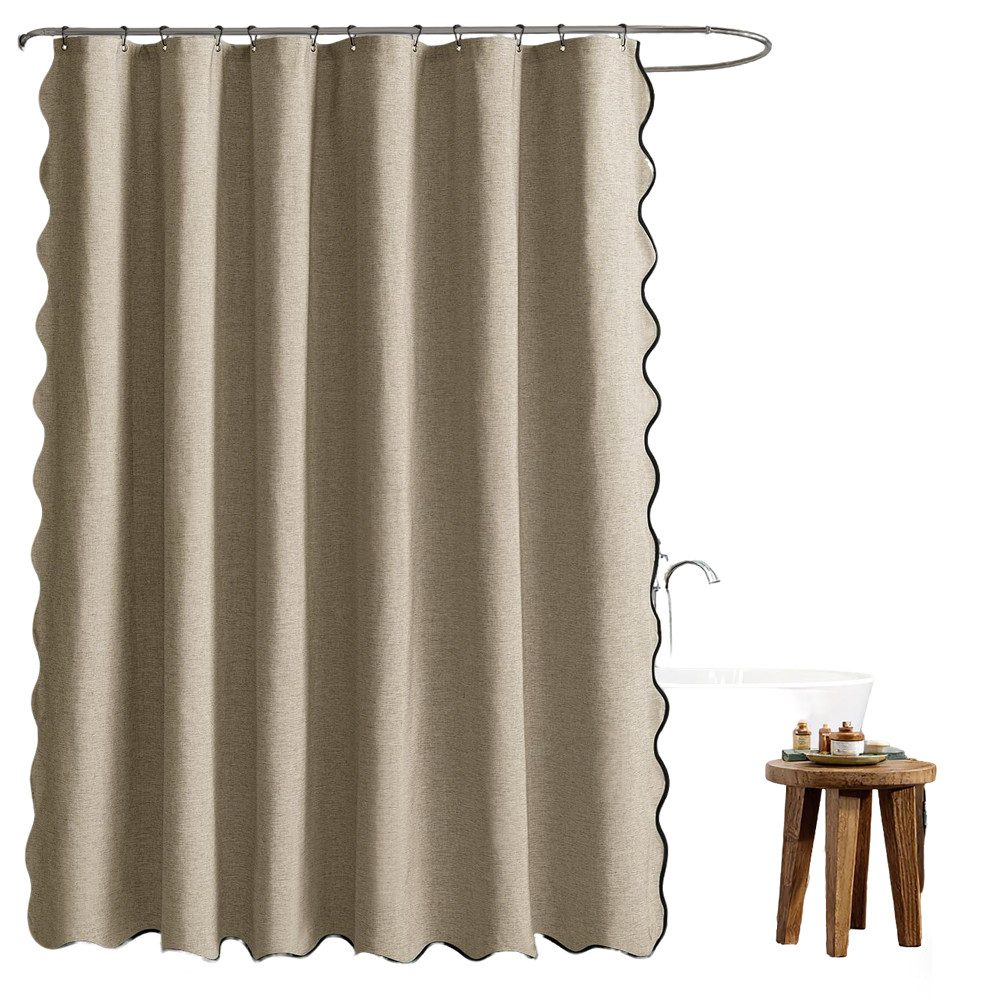 Agger Duschvorhang mit Wellenkante, Leinenstruktur, mit 12 Metallhaken, niedlicher Breite 180 cm, strapazierfähiger, waschbarer, wasserdichter Duschvorhang 180x180cm
