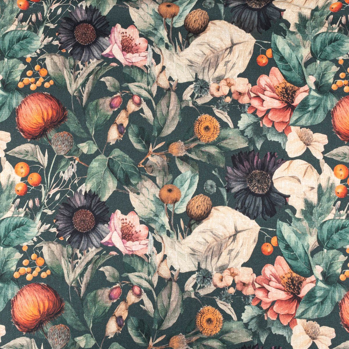SCHÖNER LEBEN. Stoff Baumwollstoff Canvas Vorhangstoff Vintage Blumen dunkelgrün 1,40m, atmungsaktiv