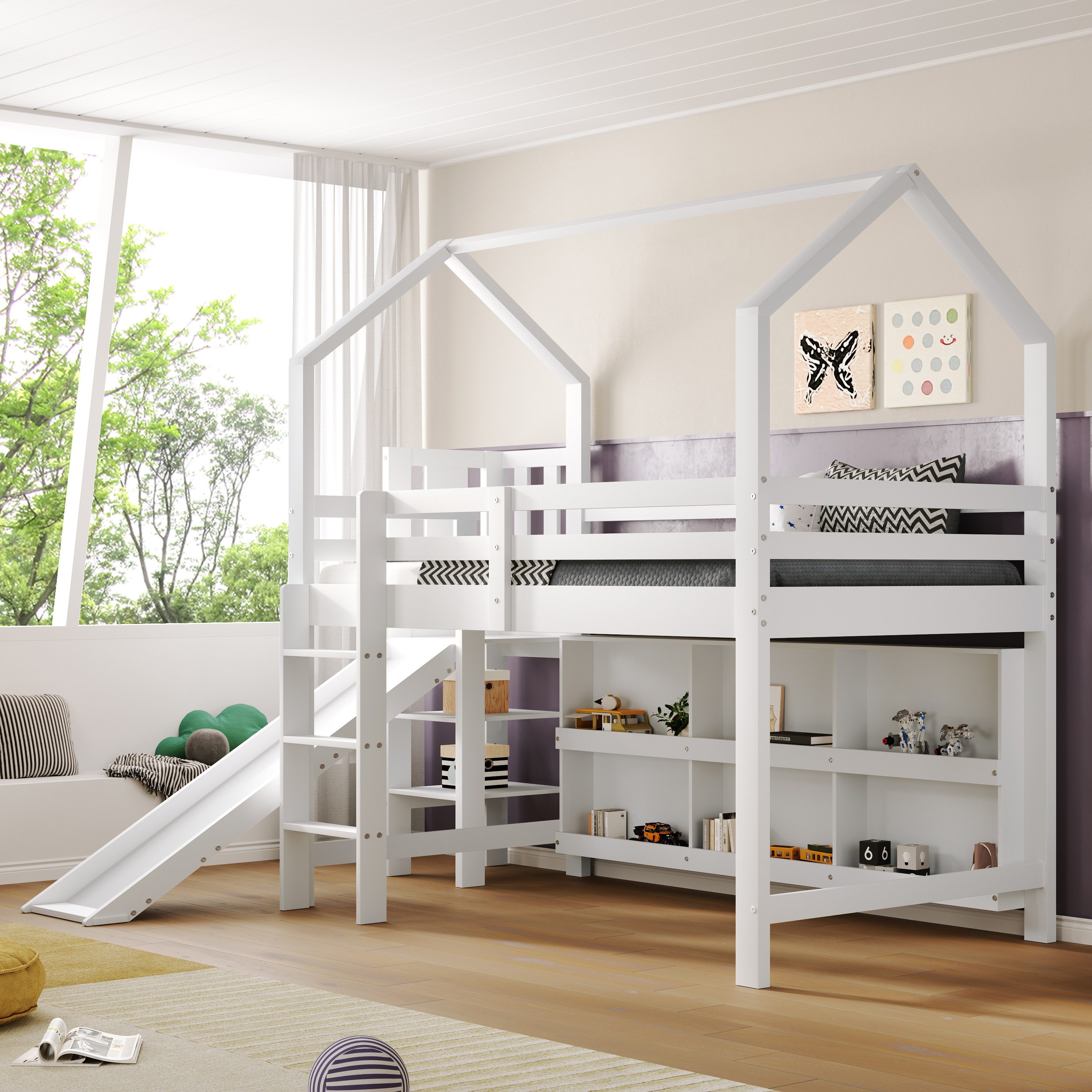 Flieks loft bed, children's bed 90x200cm with slide, ladder and movable wardrobe