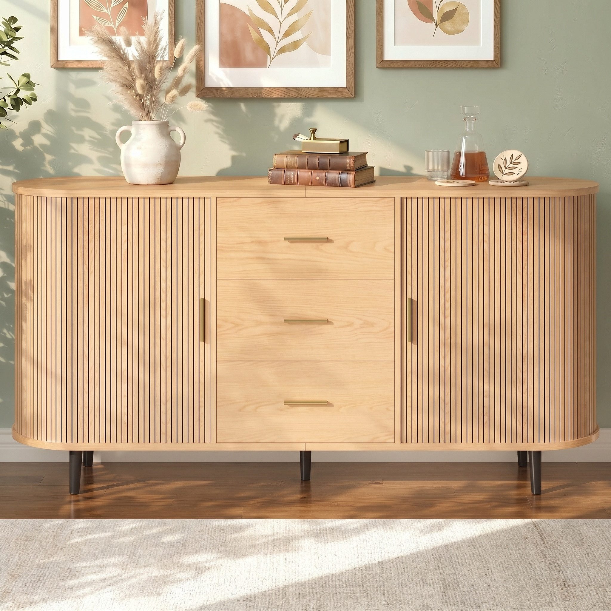 Totnz Sideboard mit 3 Schubladen und 2 Schiebetüren, mit verstellbaren Einlegeböden (Rillendesign, Metallgriffen und Eisenfüßen), für Esszimmer, Wohnzimmer und Flur