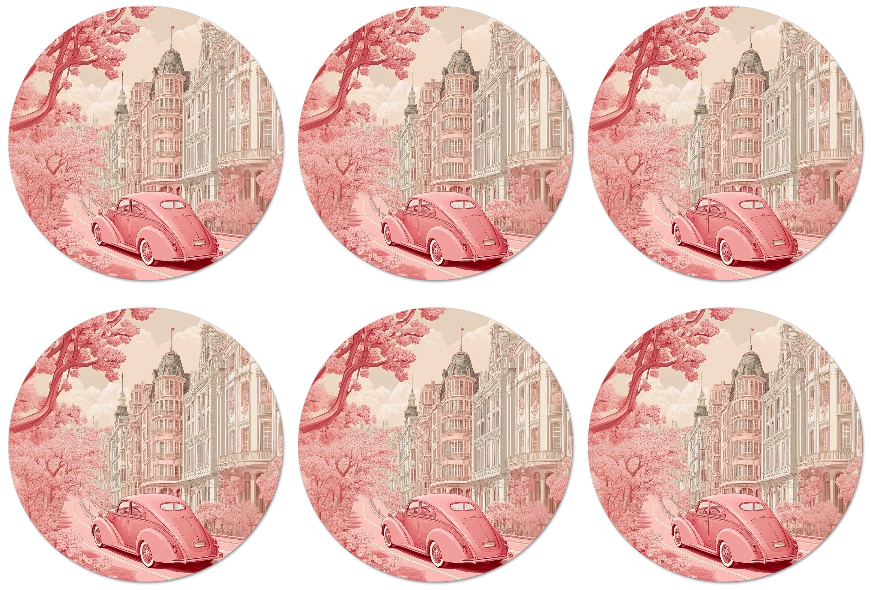 MuchoWow Glasuntersetzer Stadt - Auto - Rosa, Zubehör für Gläser, 6-tlg., Getränkeuntersetzer, Rund, Tassenuntersetzer Kork, 10x10 cm