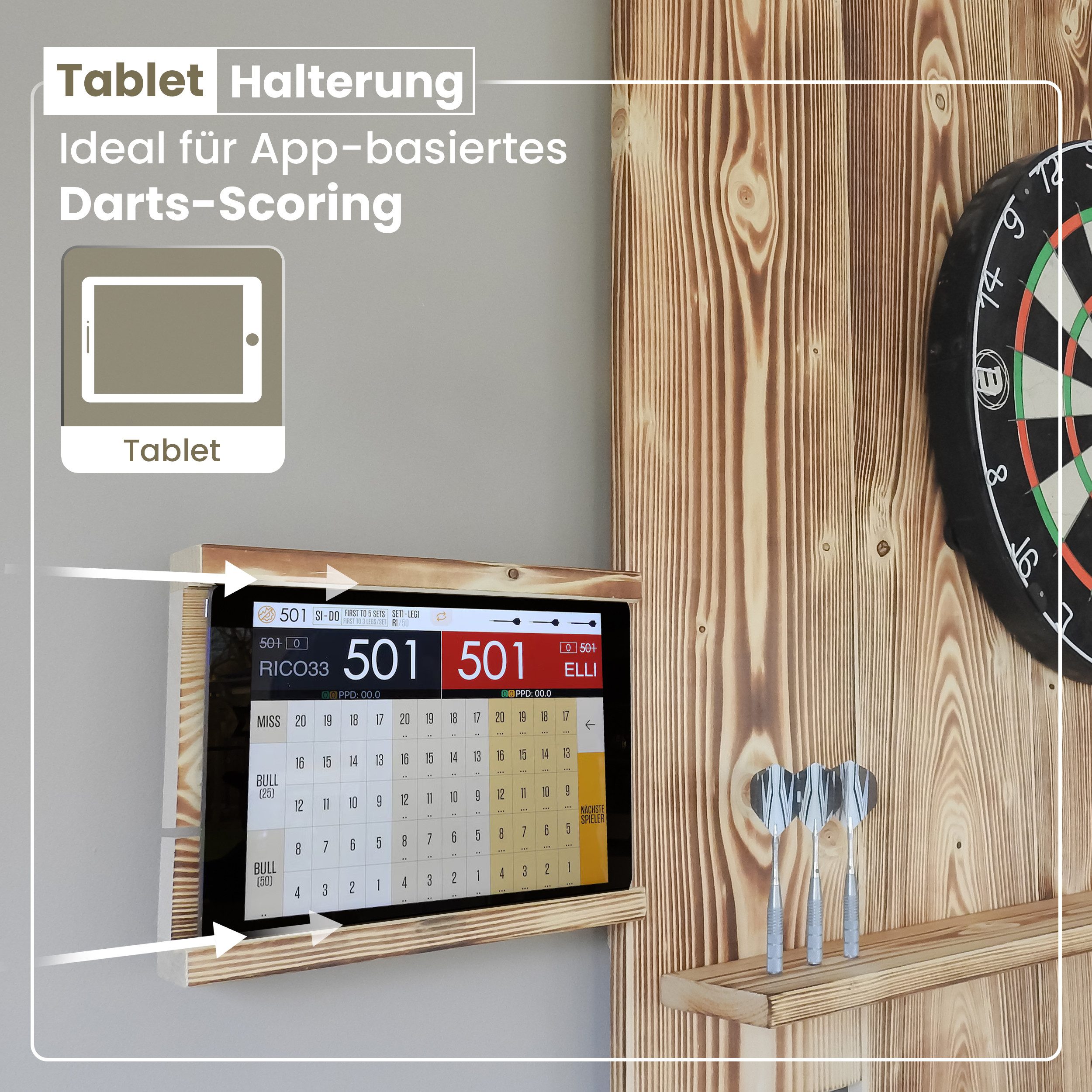 WDS Dartscheibe WOODEN Dartboard Surround, (Premium Dart-Wandschutz, Burned Look (Geflammt) oder Color Design), Optionaler Tablet-Halter – Bild 4 von 5