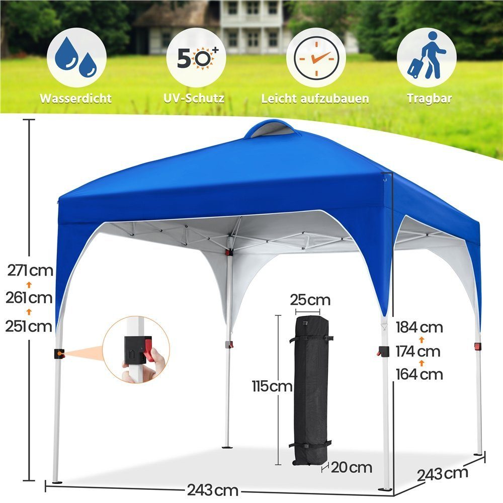 Yaheetech Faltpavillon Großzügiges Campingzelt mit einer Tragetasche 2,4x2,4m / 3x3m, Gartenpavillon höhenverstellbar für Garten/Hof/Park/Markt – Bild 5 von 5