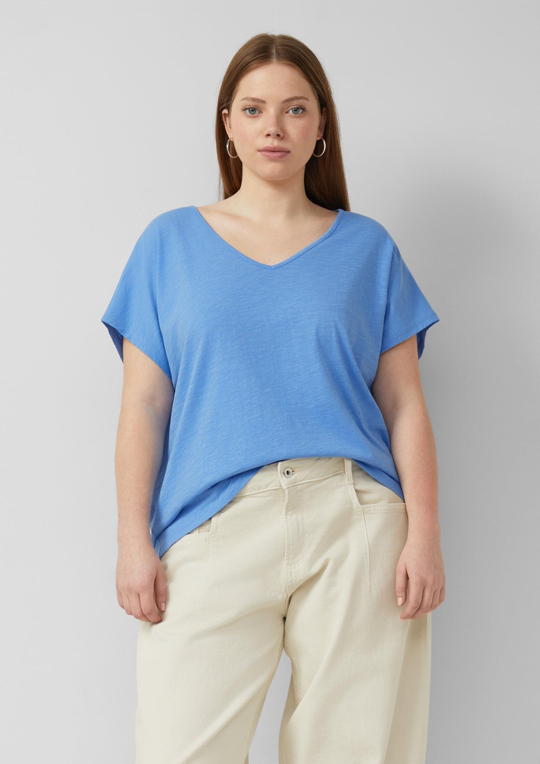 QS Kurzarmshirt T-Shirt Baumwollshirt mit Spitzeneinsatz