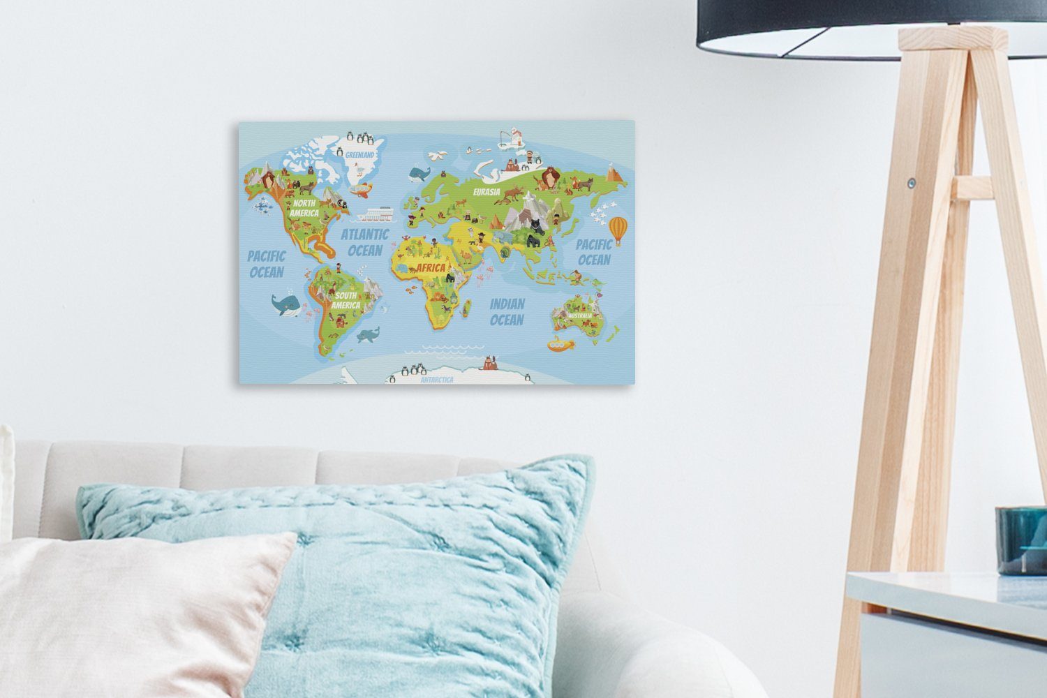 Wanddeko, Weltkarte Tiere, - cm - Aufhängefertig, OneMillionCanvasses® St), 30x20 Wandbild (1 Leinwandbilder, Leinwandbild Kinder
