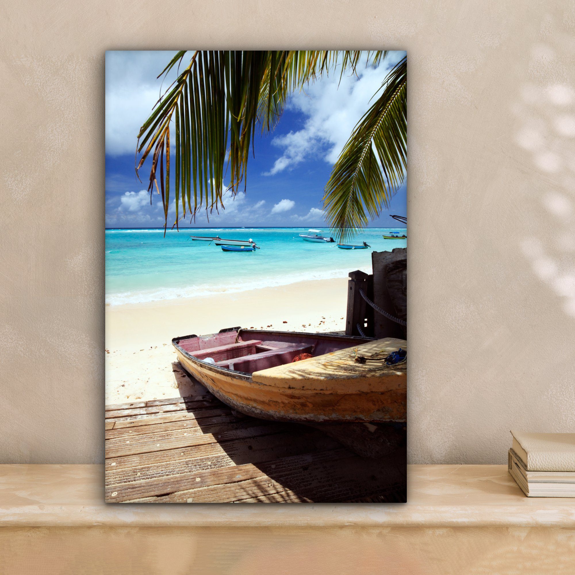 20x30 inkl. cm in der Fischerboot (1 bespannt Leinwandbild Karibik, OneMillionCanvasses® Gemälde, Zackenaufhänger, Leinwandbild fertig St),