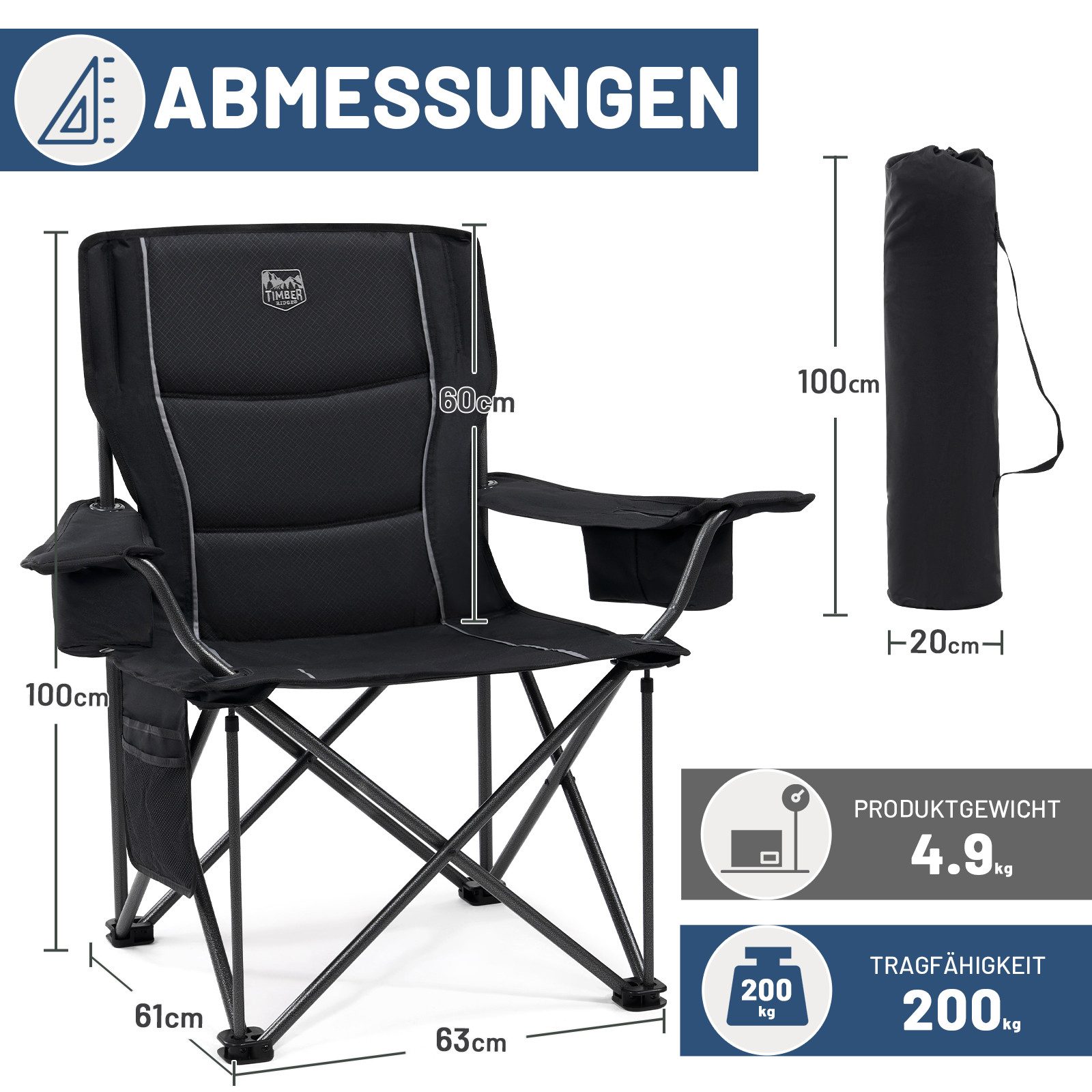 TIMBER RIDGE Campingstuhl Faltbarer Stuhl, 200KG Belastbar,TIMBER RIDGE Übergroßer Bequem (1 St), aus 600D Polyester, mit höhenverstellbaren Armlehnen