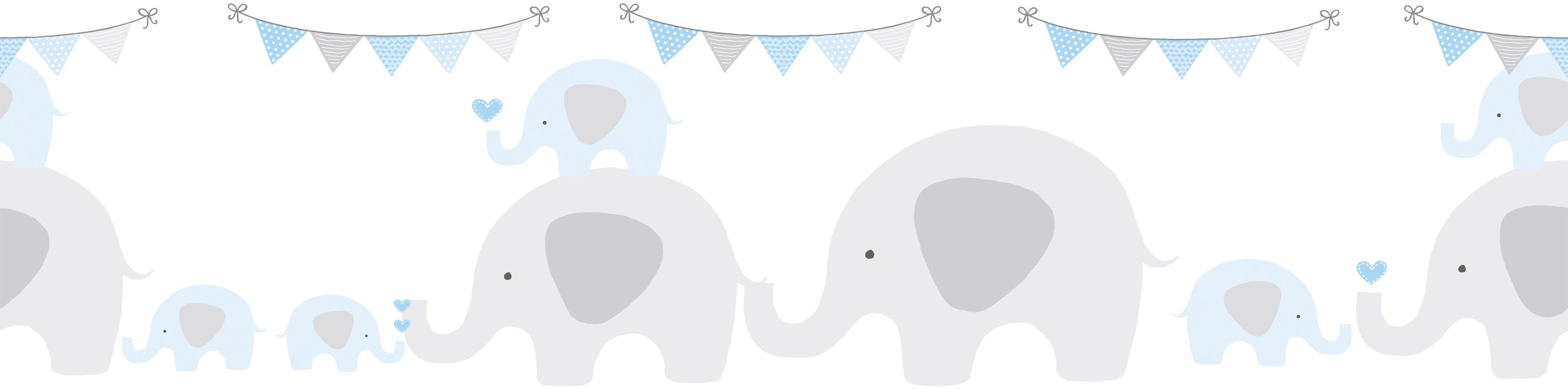 A.S. Création Tapete Grau Party, Elephant Kinderzimmer glatt, Bordüre Blau Weiß