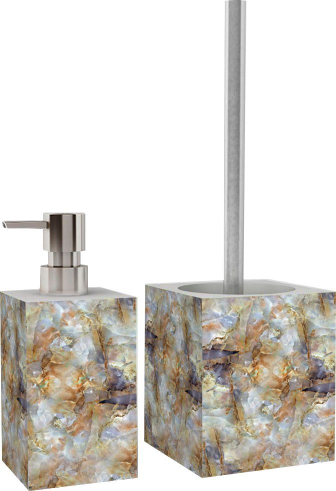 Sanilo Badaccessoire-Set Marmor Braun, WC-Bürste und Seifenspender, 2 tlg.,  2-tlg., auswechselbarer Bürstenkopf, stabile Pumpe, hochwertig & modern