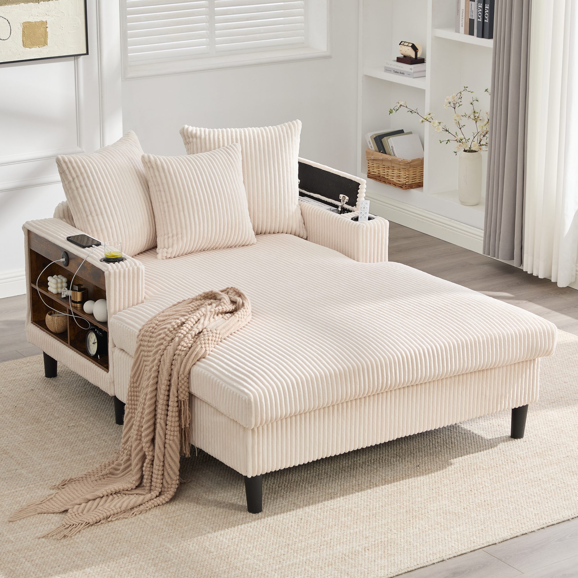 OKWISH Sofa Schlafsofa Loungesofa, mit Chaiselongue und großer Liegefläche, inkl. LED-Beleuchtung, USB-Ladeport, beidseitigen Becherhaltern & Stauraum, Wohnsofa mit Seitentasche und stabilen Füßen