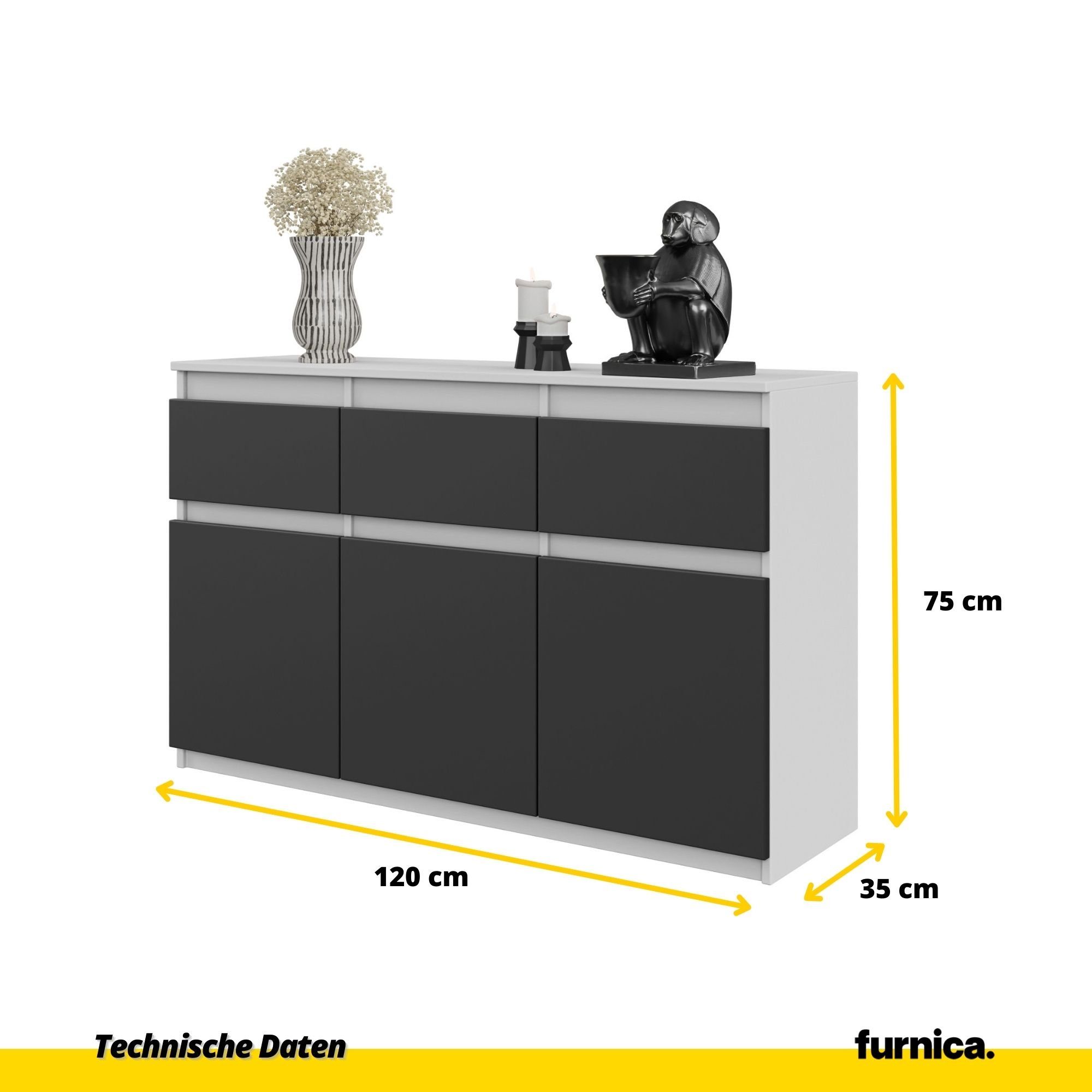 Furnica Kommode NOAH 3 Schubladen und 3 Türen - Weiß Matt H75cm B120cm T35cm