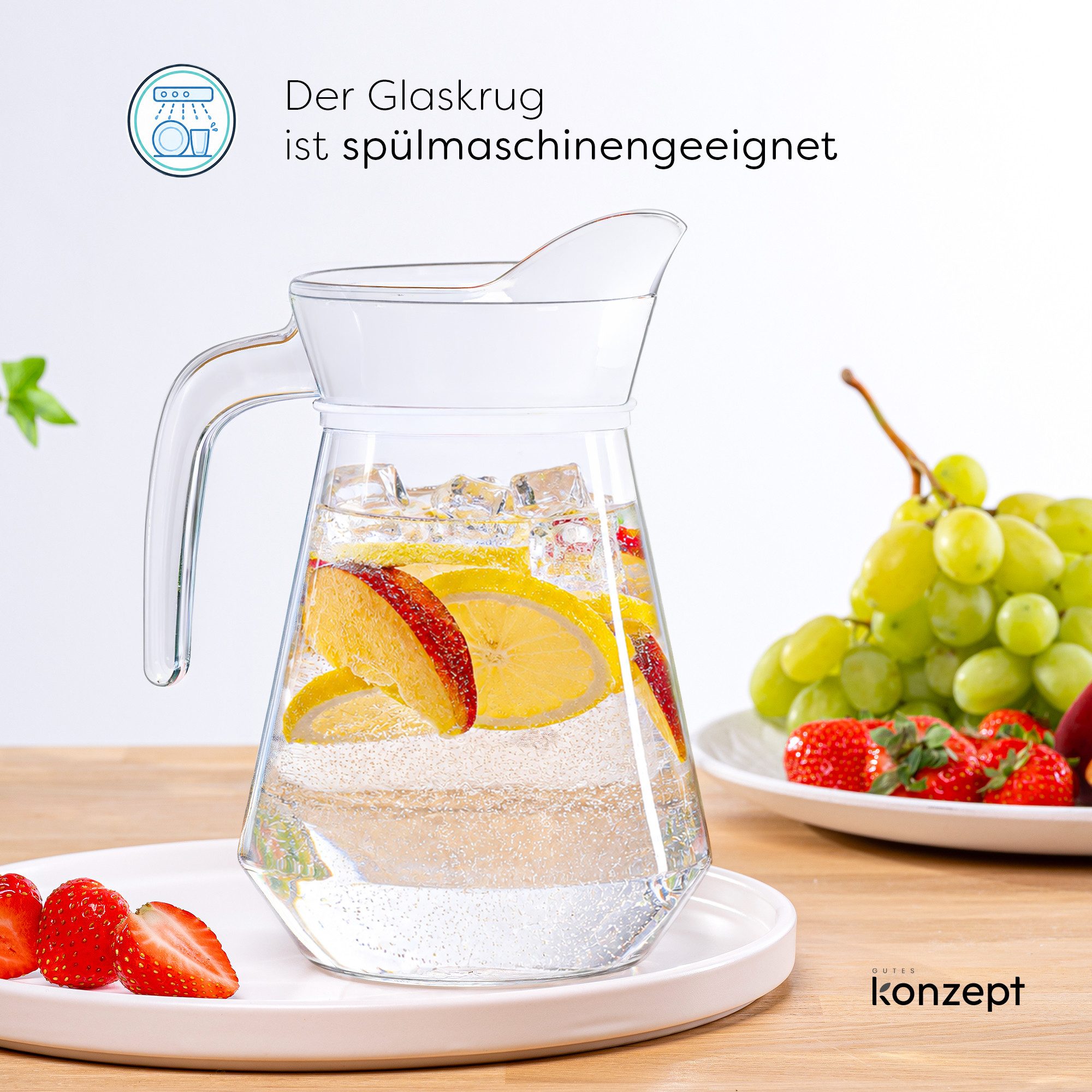 KONZEPT Wasserkrug aus robustem Glas mit Griff und Ausgießer, für Zuhause und Gastronomie, 1,25 L, Höhe 212 mm, Gesamtbreite 134 mm, Robustes Glas – Bild 2 von 5