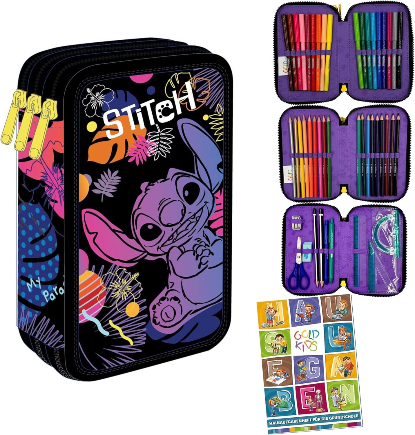 GOLDKIDS Federmäppchen 3 Fächer - Mäppchen für Mädchen und Jungen -, (Federmappe 3-Fach Federtasche, Gefüllte Schüleretui 46-teilig), Schulmäppchen und Hausaufgabenheft - Stitch Motiv