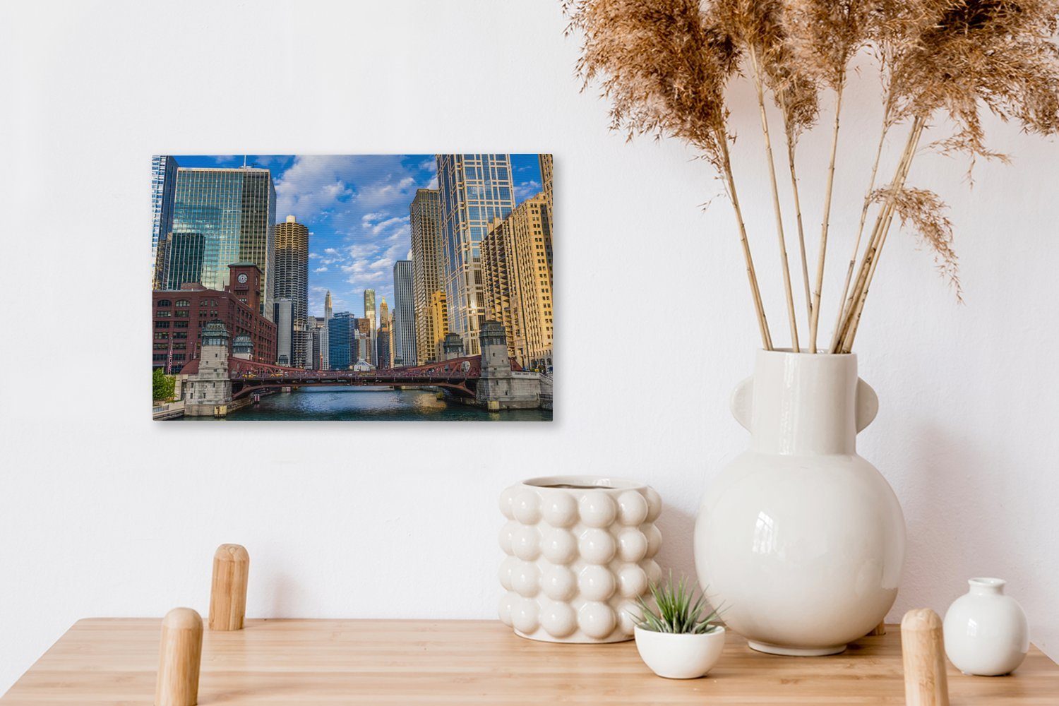 OneMillionCanvasses® Leinwandbild Chicago - Wandbild (1 Aufhängefertig, St), Fluss cm - Architektur, 30x20 Wanddeko, Leinwandbilder