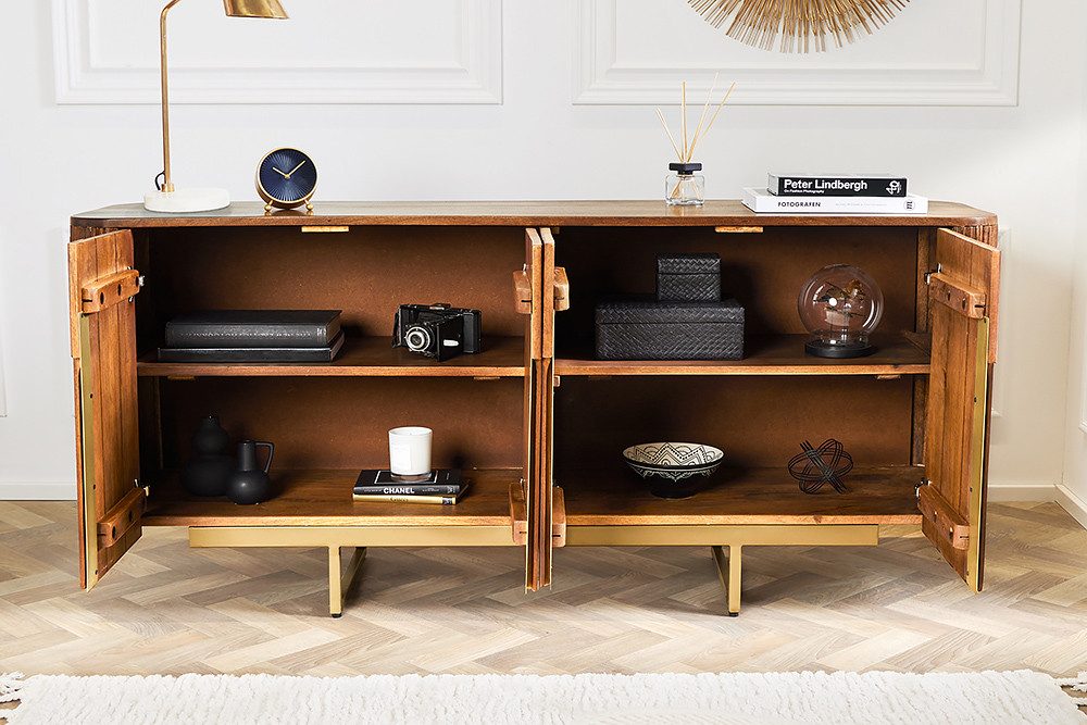 riess-ambiente Sideboard GATSBY 160cm braun / mattgold (Einzelartikel, 1 St), Wohnzimmer · Massivholz · Metall · Kommode · Retro Design