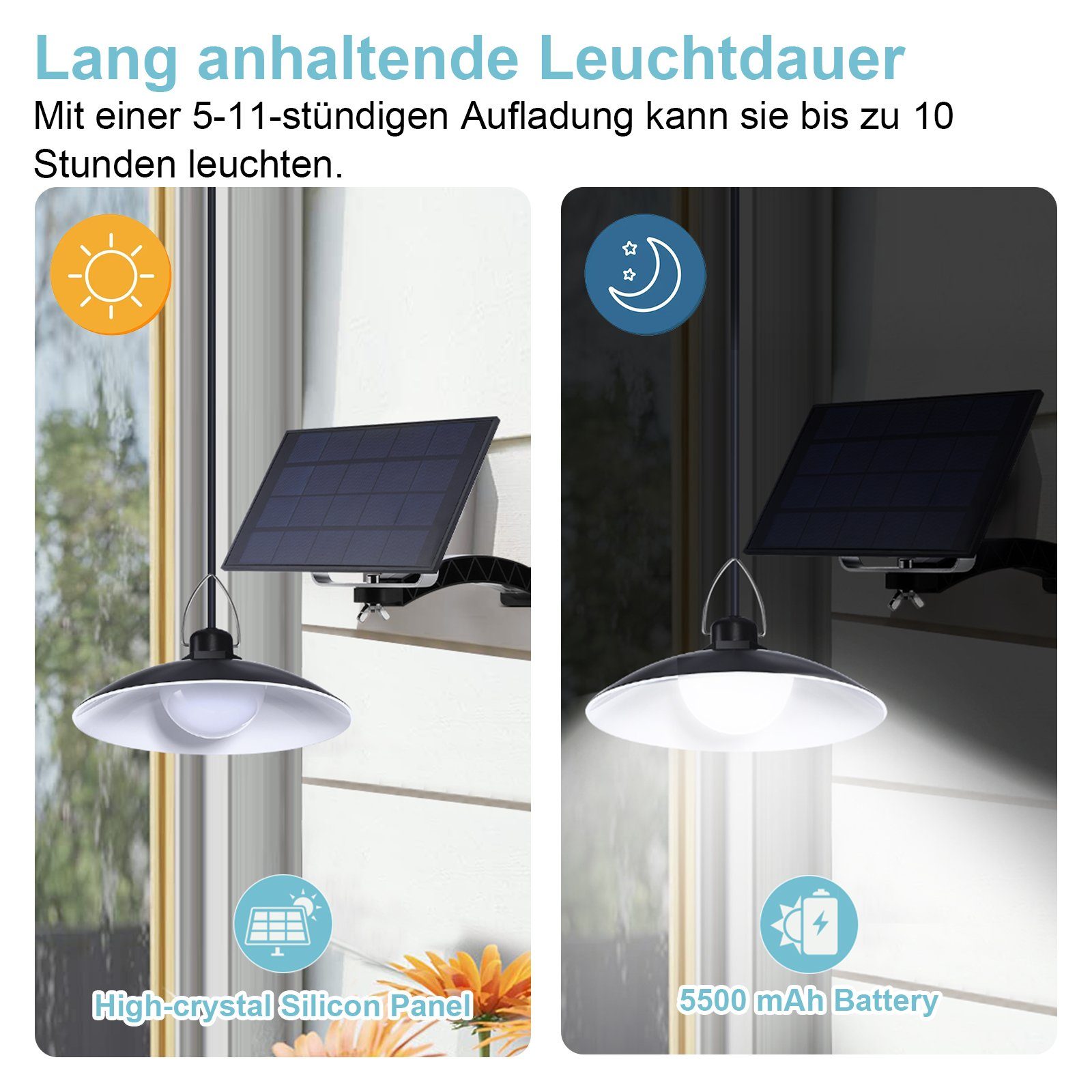 MUPOO Pendelleuchte Solar Hängelampen für Außen,Solar Pendelleuchte mit Fernbedienung, 4 Kopf Solar Pendelleuchte mit Fernbedienung, IP65 Wasserdicht Solar Hängeleuchte Outdoor Dimmbar Timer