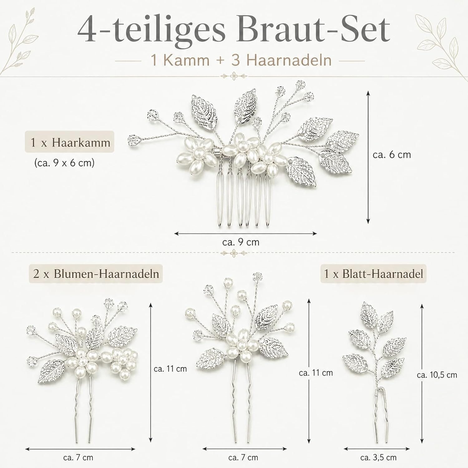 MOPUEA Haarspange Haarschmuck 4er Set mit Perlen, Kristall & Blättern Haarkamm, Set, 4-tlg., 1 Haarkamm Hochzeit + 3 Haarpins, Brautschmuck Haare für Damen, Kommunion & Konfirmation