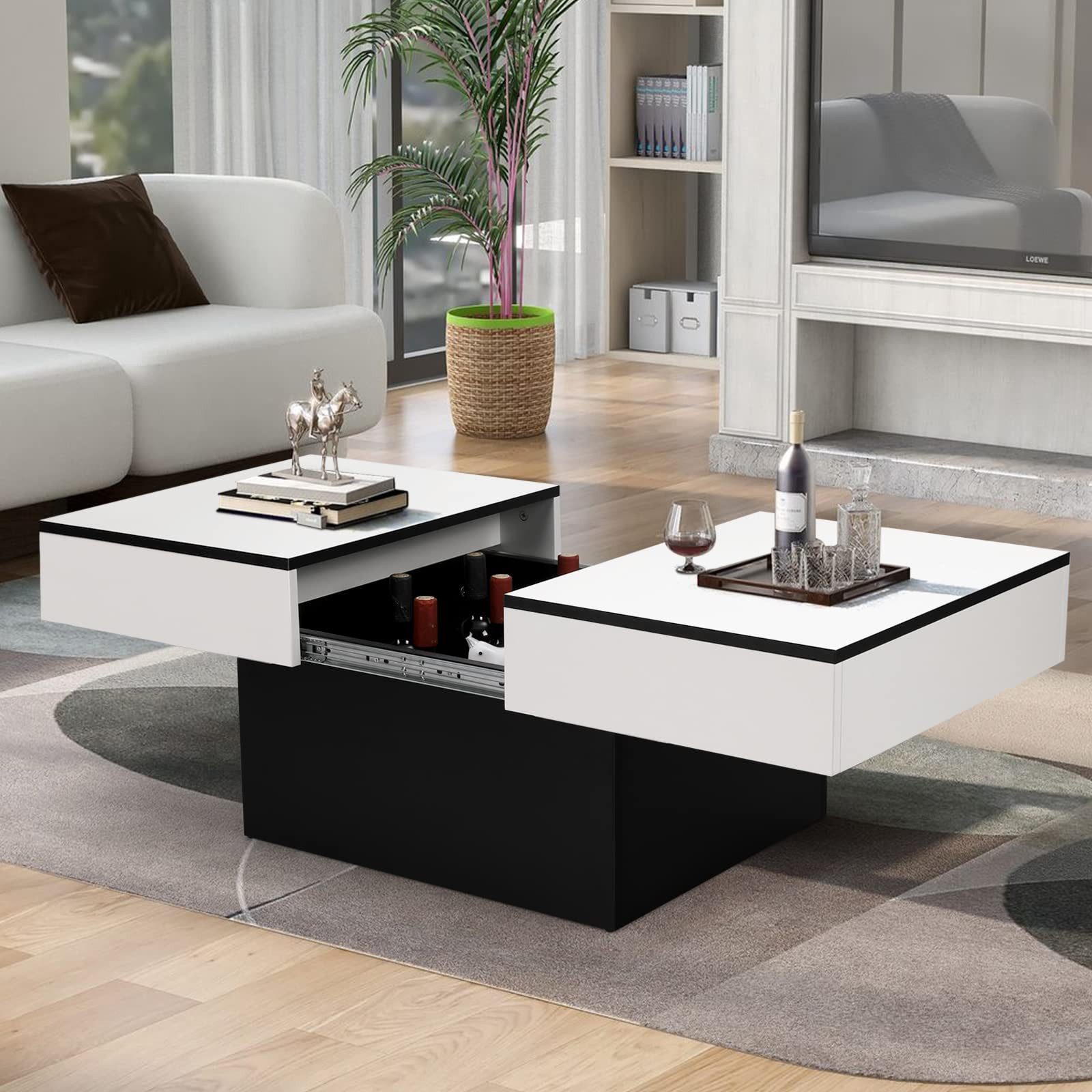 VOWNER Couchtisch Hochglanz-Sofatisch mit 2 Stauräumen, Beistelltisch, Wohnzimmertisch, mit Schiebefunktion, modern und ausziehbar