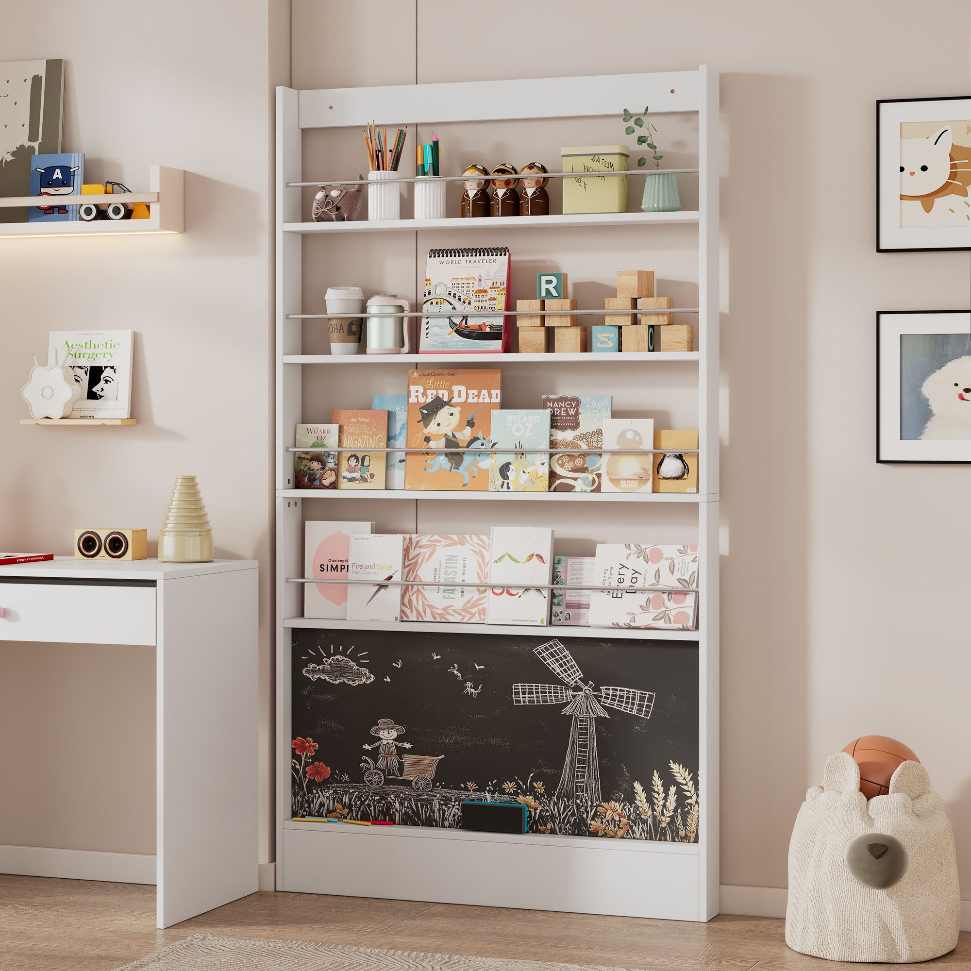 KEFEYA Kinderschreibtisch für Kinderzimmer, Lernbereich & Schlafzimmer (mit Kinderregal, 4 Ebenen & Kreidetafel, platzsparendes 2-teiliges Set mit Kippschutz, ideal für Kinder, 1-St., 100*10*180cm)