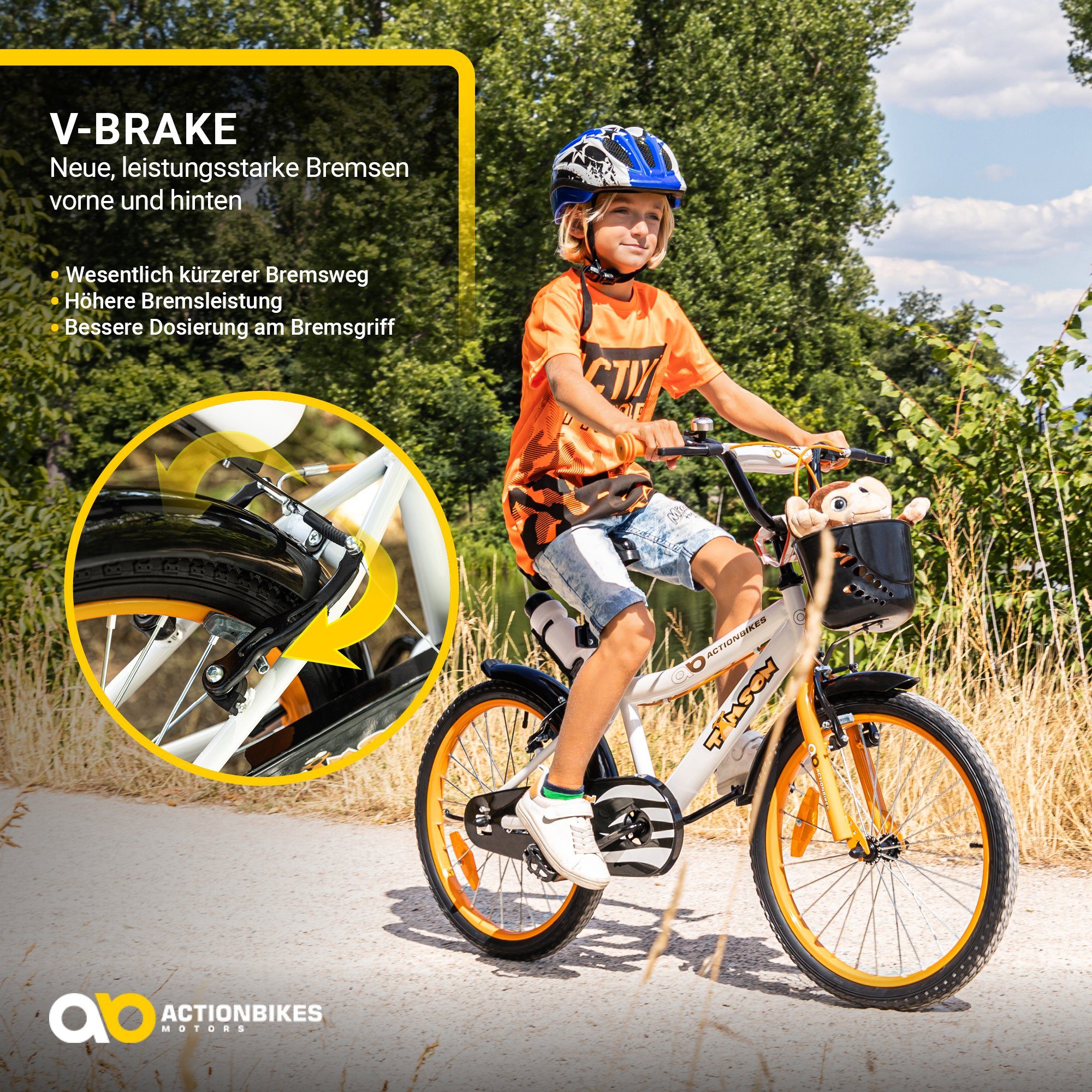 Actionbikes Motors Kinderfahrrad Jungs Mädchen Kinder Fahrrad Timson inkl. Fahrradkorb & Trinkflasche, 1 Gang, ohne Schaltung, (20 Zoll, ab 115 cm Körpergröße, max. Zuladung 50 kg, Fahrradständer, Klingel, Trinkflasche inkl. Halterung, Reflektoren, Antirutschgriffe, 1-tlg., V-Brake-Bremsen, Luftbereifung, Schutzbleche, weiß / orange / schwarz), höhenverstellbares Bike Jungen Mädchen Kinderrad ab 6 Jahre