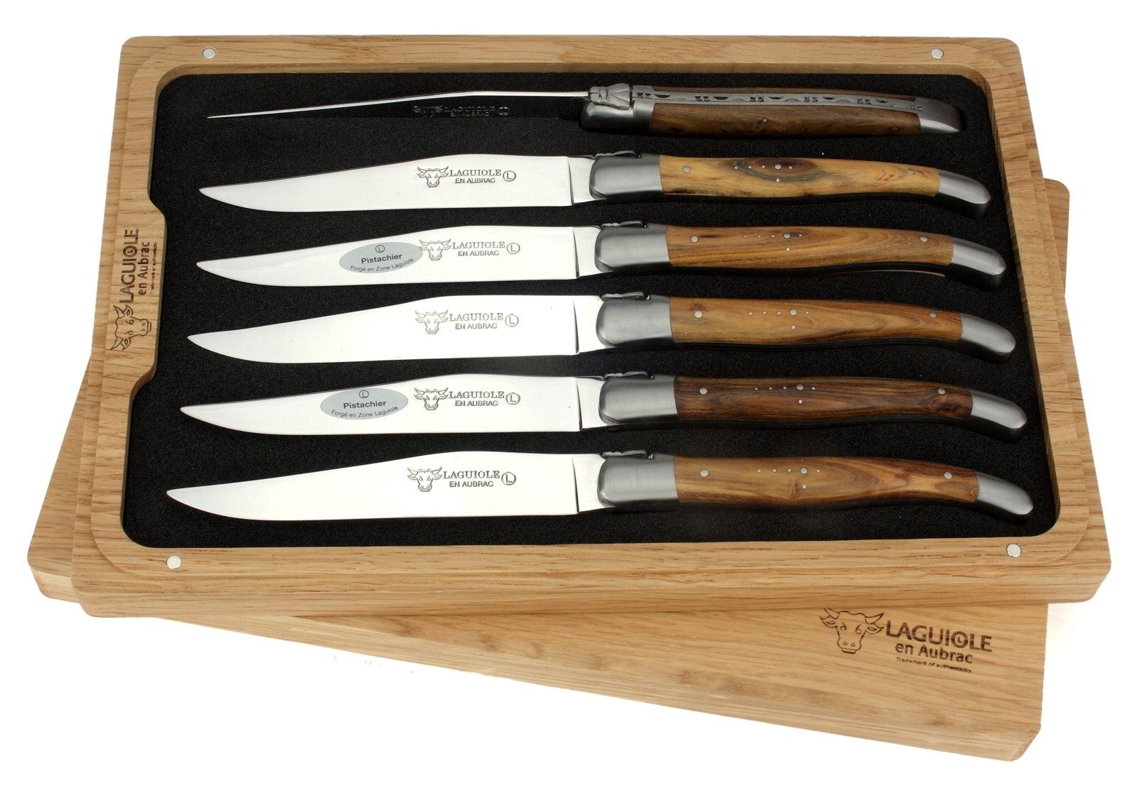 Laguiole en Aubrac Steakmesser 62C99PIIH 6er Set - Griff Pistazie - Backen matt - Klinge glänzend - Holzbox