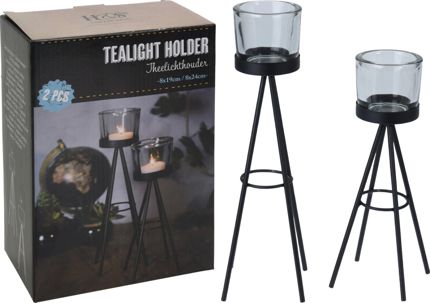 Koopman Kerzenhalter Teelichthalter Metall 2 er Set Schwarz 23/28 cm hoch Glas Ø10CM (2er-Set, 2 St., Packung), Teelichthalter, Teelicht, Kerzenleuchter, Metall