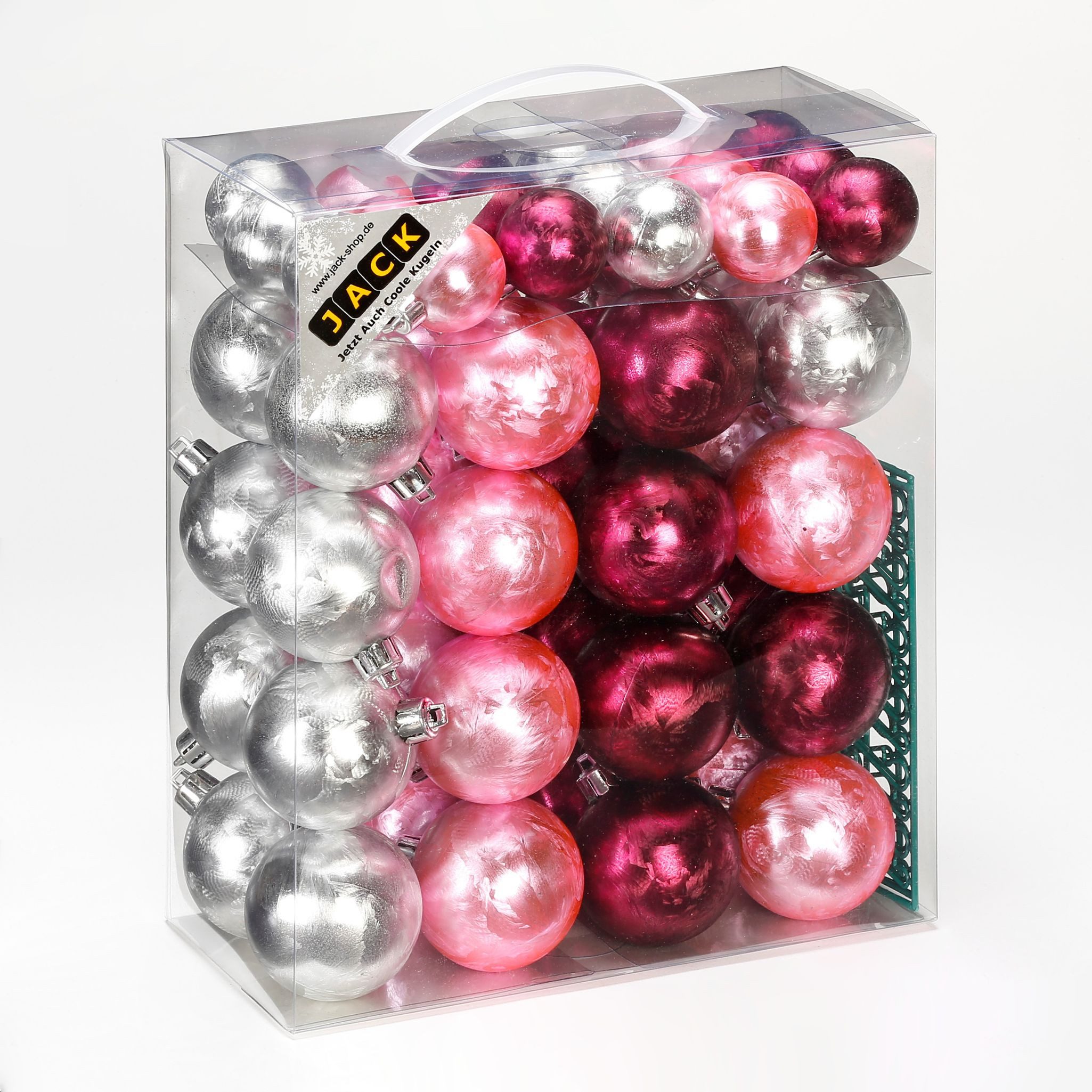 JACK Christbaumschmuck JACK by Inge 50x Kunststoff Kugeln Eislack Rosa Bordeaux Silber, inkl. Haken, Kugel-Set mit Eislackeffekt aus Kunststoff Ø 4+6cm