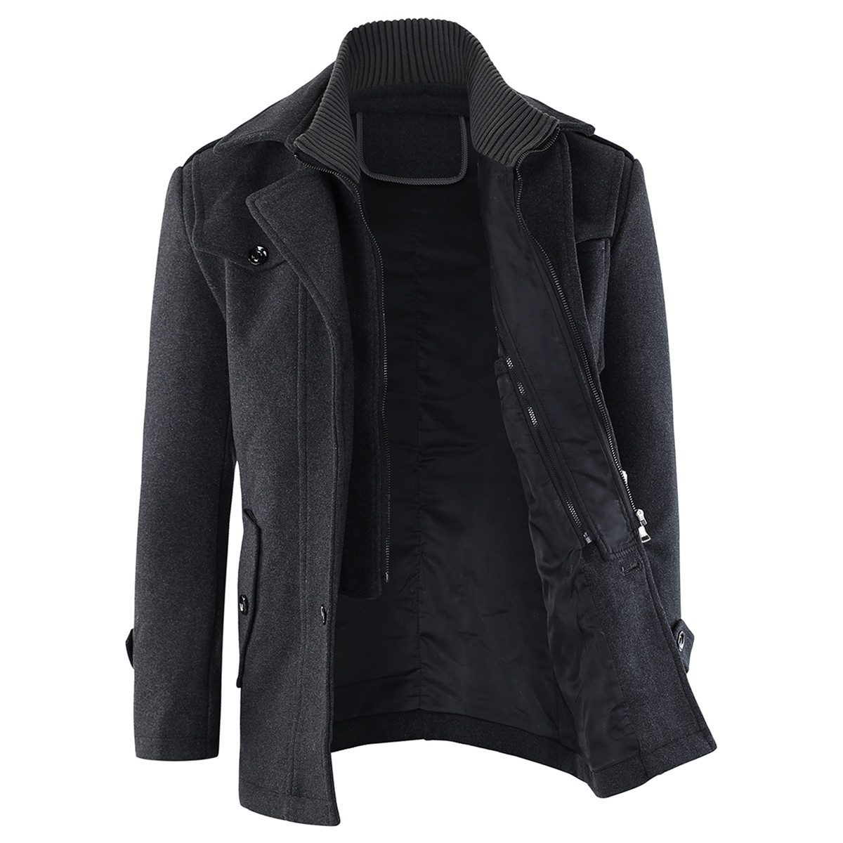 Allthemen Kurzmantel Herren Slim Fit Wollmantel mit abnehmbarem Doppelkragen Wintermantel