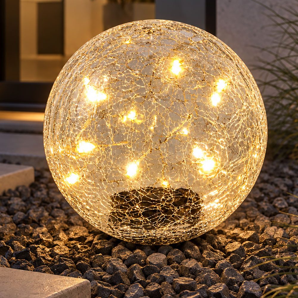 etc-shop LED Solarleuchte, LED-Leuchtmittel fest verbaut, Warmweiß, Solarleuchte Stecklampe Kugel Crackle Glas Balkonleuchte LED D 20 cm