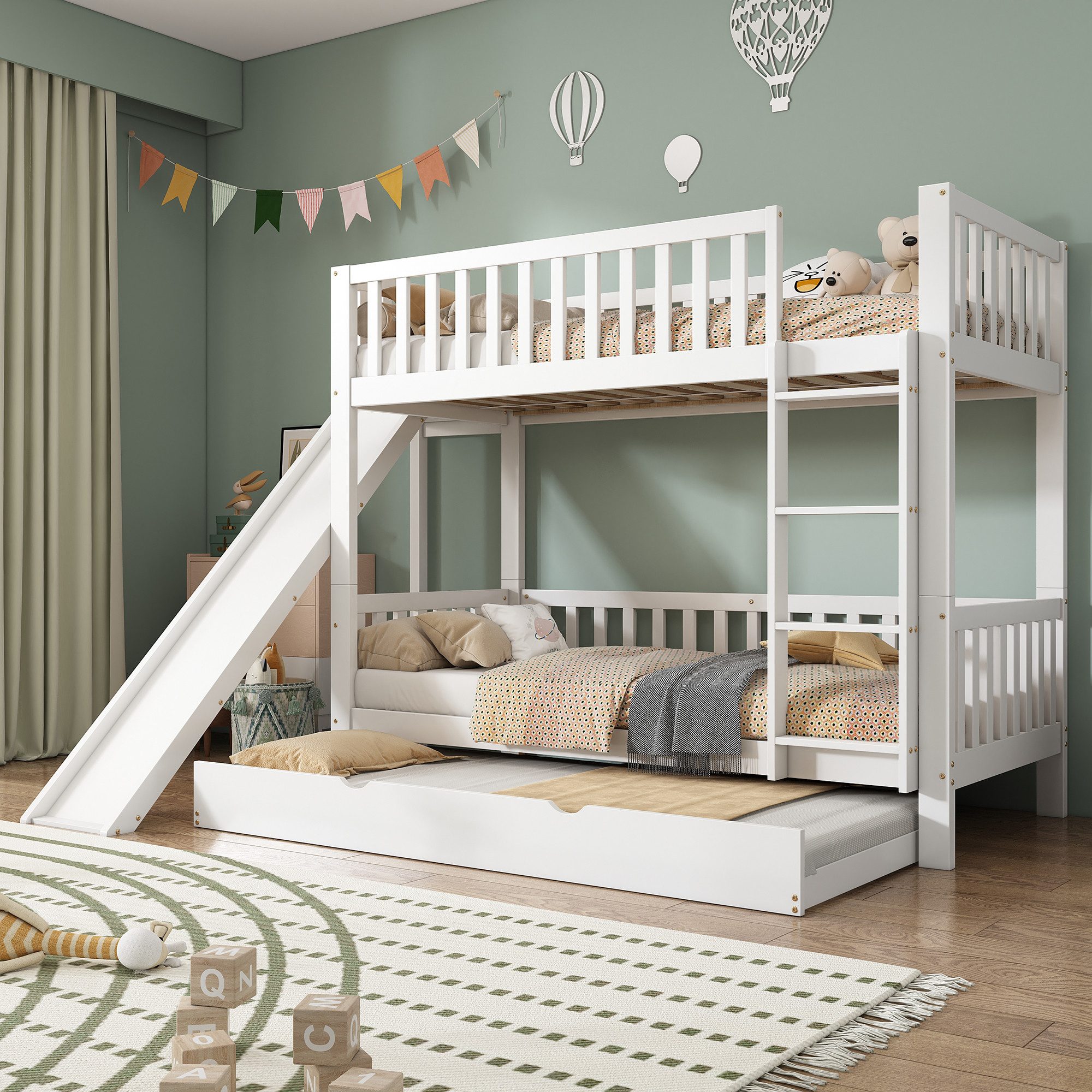 Flieks Etagenbett, Dreierbett Kinderbett 90x200cm mit Ausziehbett 90x190cm günstig online kaufen