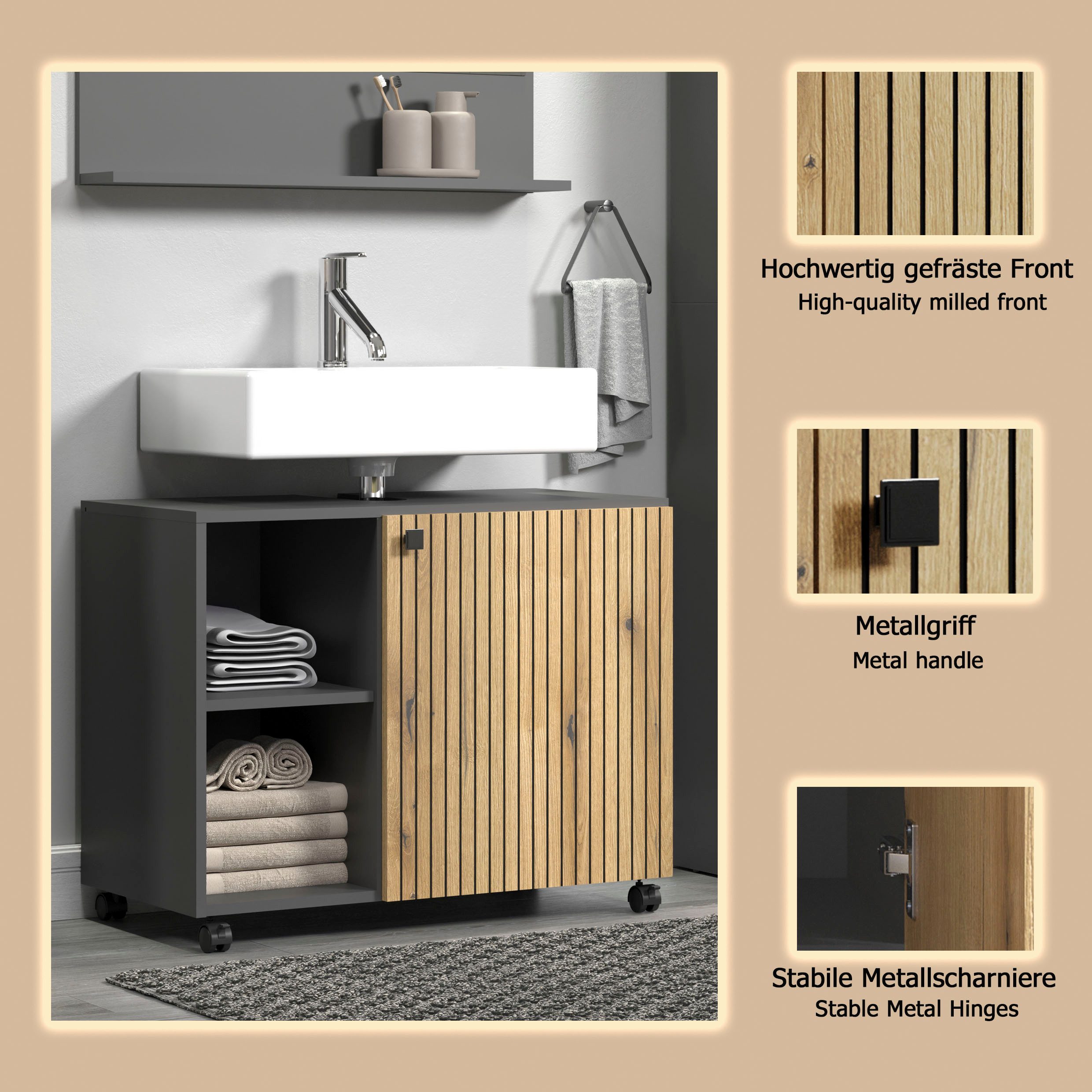 welltime Waschbeckenunterschrank Amrum BxHxT 80 x 64 x 42cm Waschbeckenunterschrank Eiche Rillenoptik
