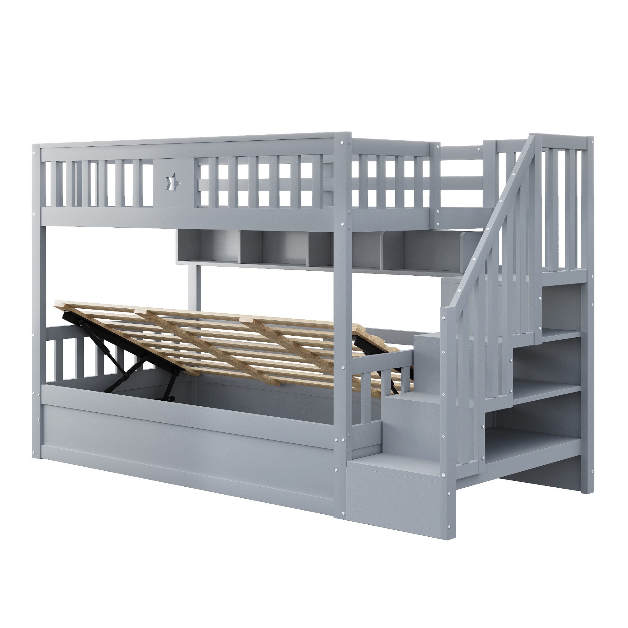 Merax Etagenbett mit hydraulischem Unterbett (1-St., Stockbett Jugendbett Doppelbett Hochbett aus Massivholz), Kinderbett 90x200cm mit Stauraumtreppe, Regalen & – Bild 4 von 5