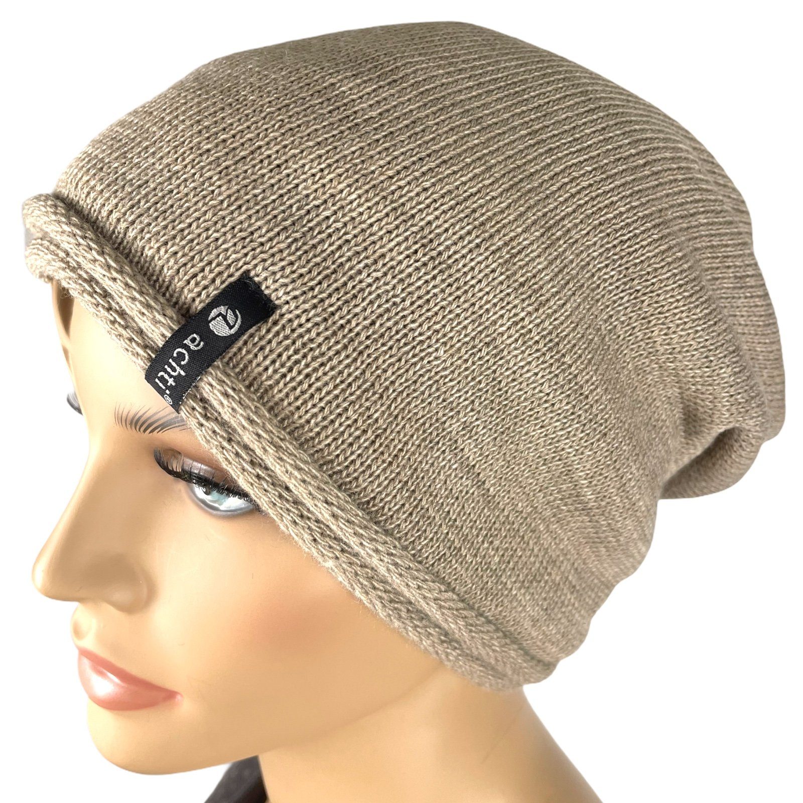 Damen Longbeanie, AZ1378PC leicht Passform taupe Mütze Taschen4life gefüttert, uni Bommel, ohne Beanie Rund-strick lange