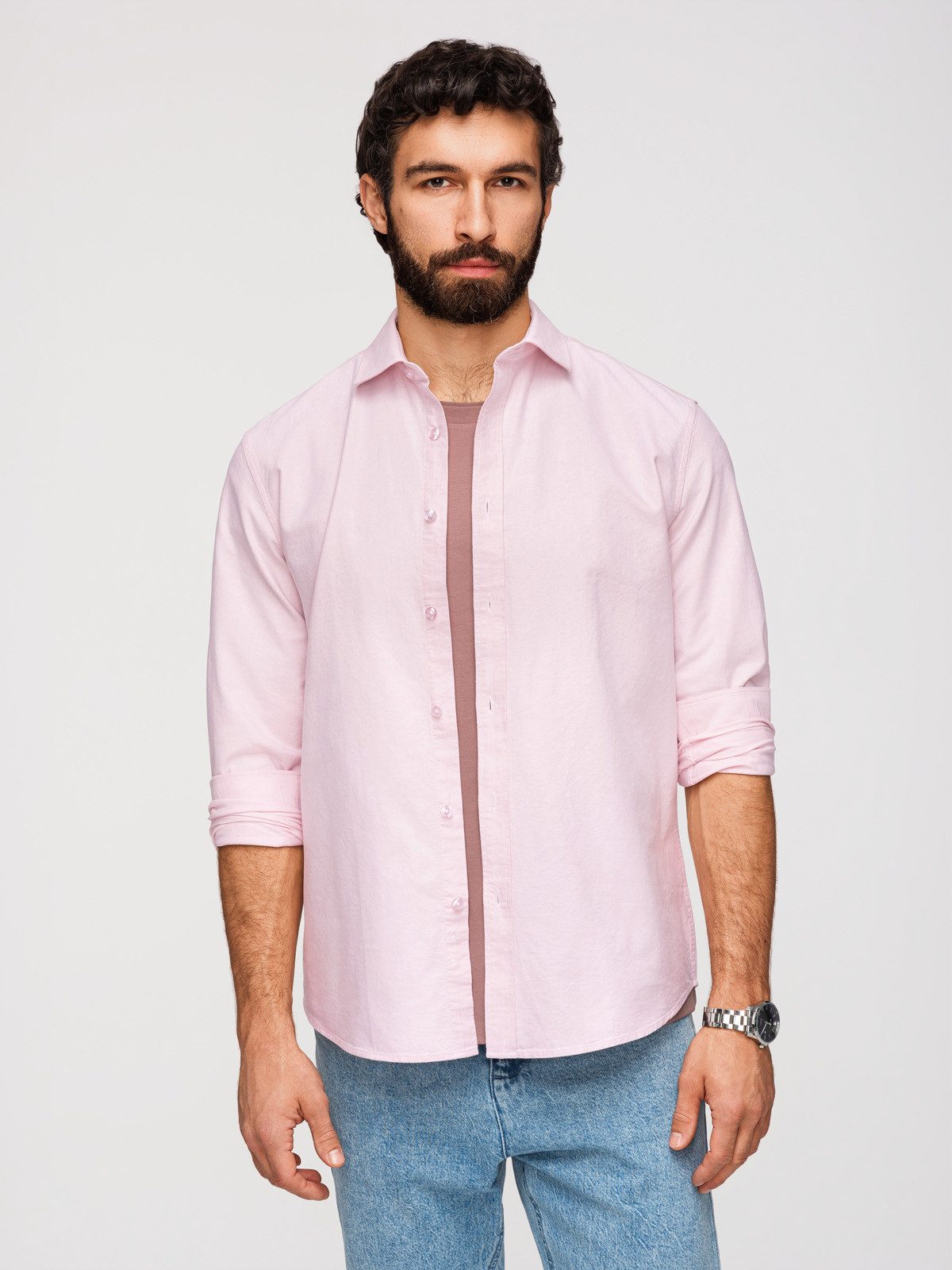 OMBRE Langarmhemd Herren Oxford Langarmhemd Regular Fit Peach L (kein Set, 1-tlg) Melange-Oberfläche