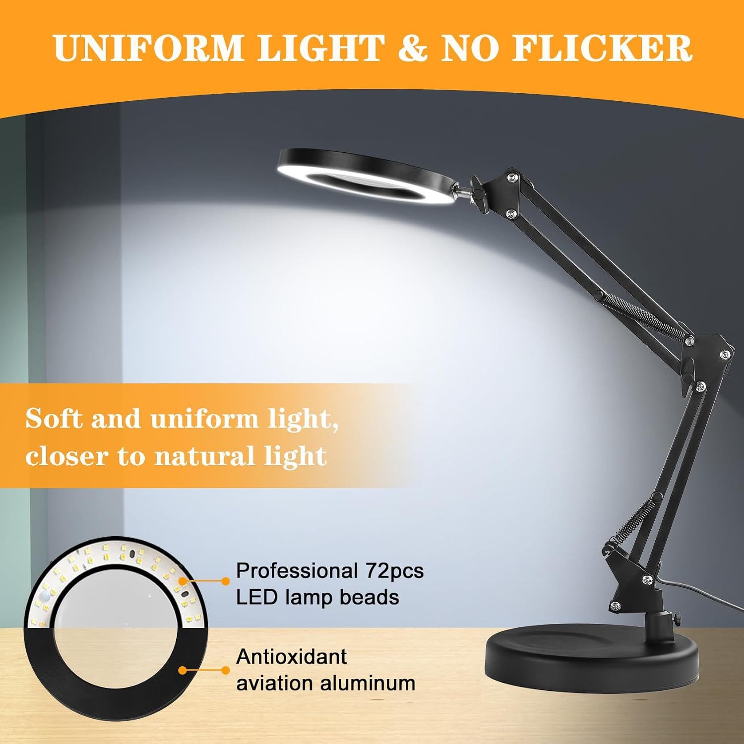 ibettertec LED Leselampe 10X LED Lupenleuchte Klemmbar Arbeitsplatzlampe Lupe mit Ständer, 2800-6500K, für Arbeit, Lesen,Nähen,Basteln,Senioren, Kaltweiß & Warm – Bild 5 von 5