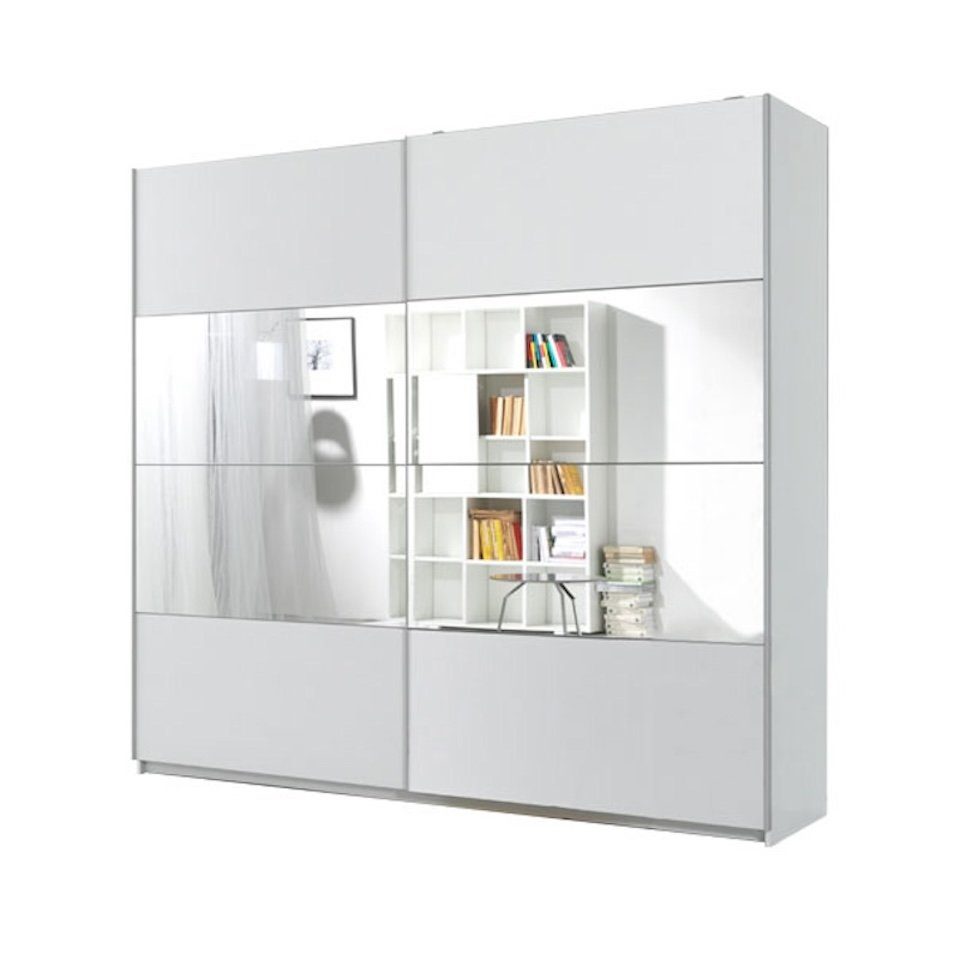 Helvetia Schiebetürenschrank Bilbao (2 Türen, innen 5 Böden & 1 Kleiderstange, mit Spiegel, 1-St., mit Soft-Close Funktion, Griffleisten aus Metall, 221x61x210cm) 221cm weiß Spiegel 2-türig