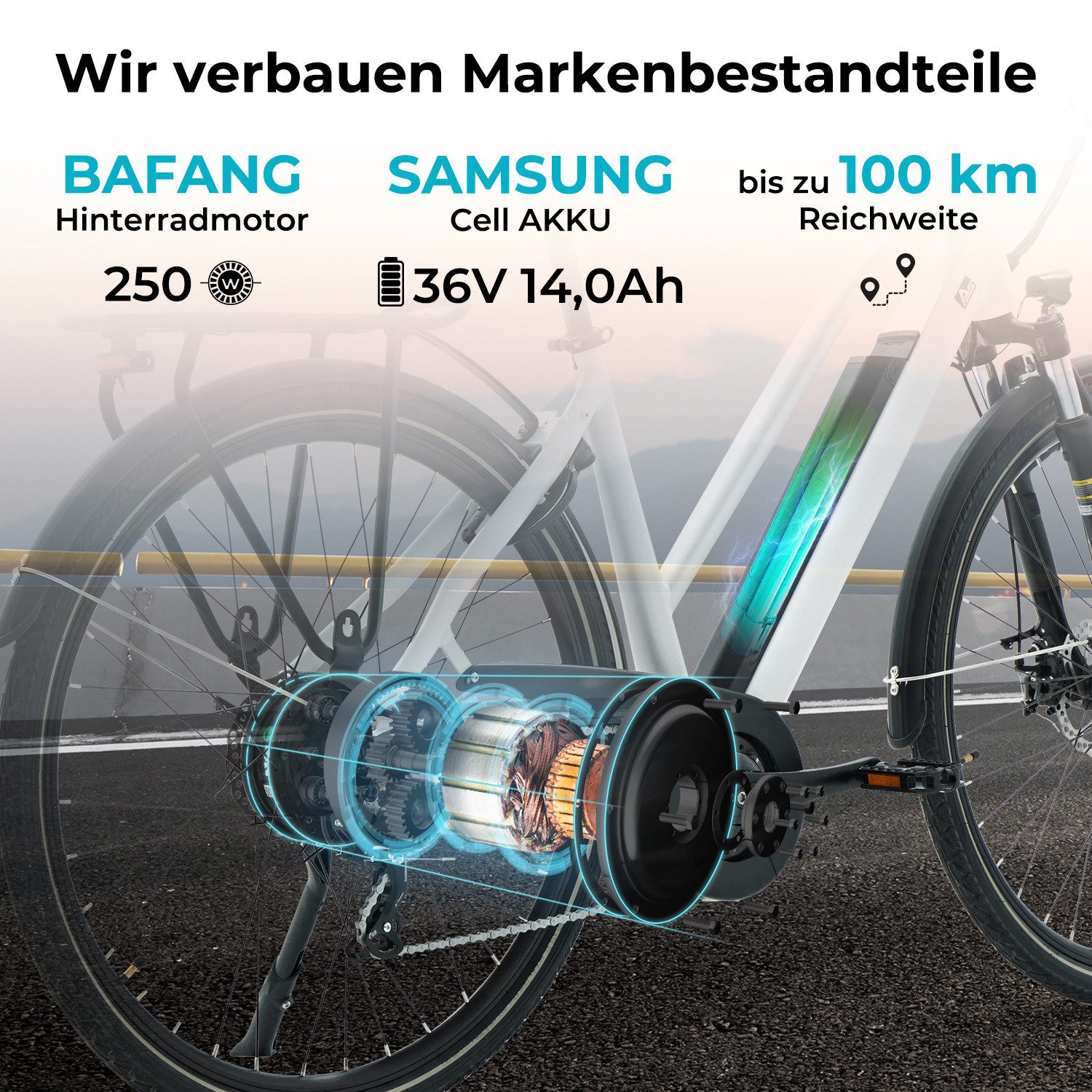 AsVIVA E-Bike Trekkingrad, Cityrad B15 28 Zoll, 7 Gang Shimano Shimano Tourney / SIS RevoShift Schaltwerk, Kettenschaltung, Heckmotor, 504 Wh, 250W Bafang-Motor, Gepäckträger, Samsung Akku
