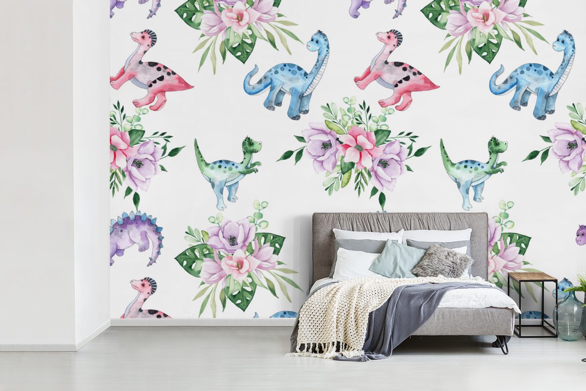 - St), - Mädchen - bedruckt, Wallpaper Wohnzimmer, - Matt, Vinyl - Tapete Dinosaurier Kind, - Fototapete Schlafzimmer, Rosa Kinderzimmer für MuchoWow Kinderzimmer, Blumen Kinder (6