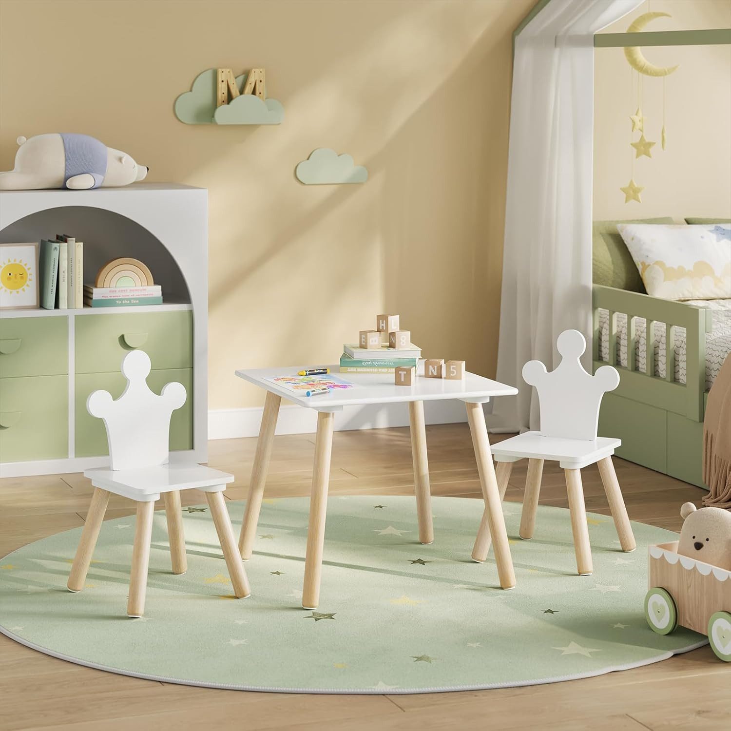Woltu Kindersitzgruppe, (1-tlg), weiß, Kindertisch mit 2 Stühlen, mit Stauraum Netztasche
