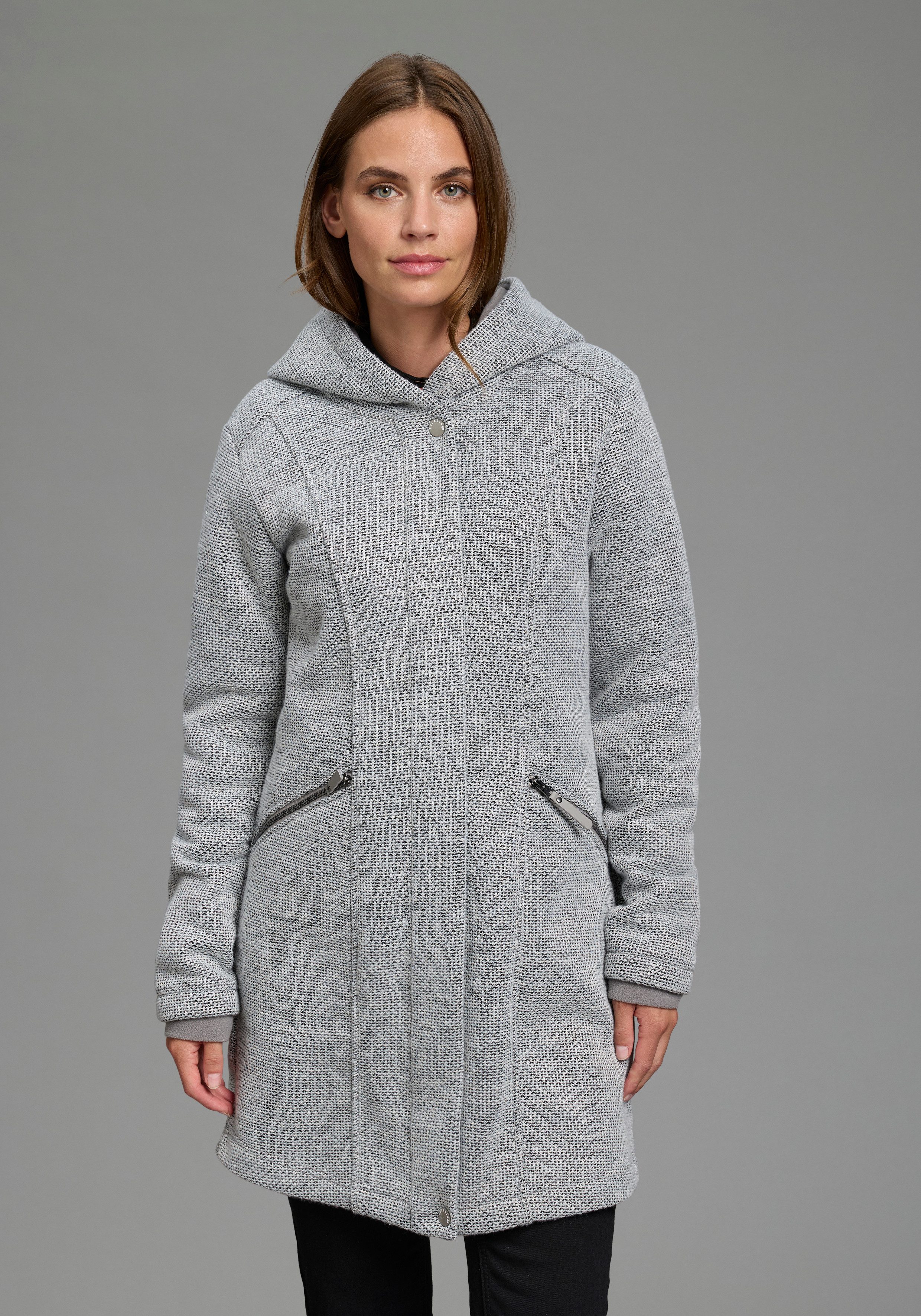 Polarino Strickmantel mit 2-Wege-Reißverschluss, aus Strickfleece, in melierter Tweedoptik