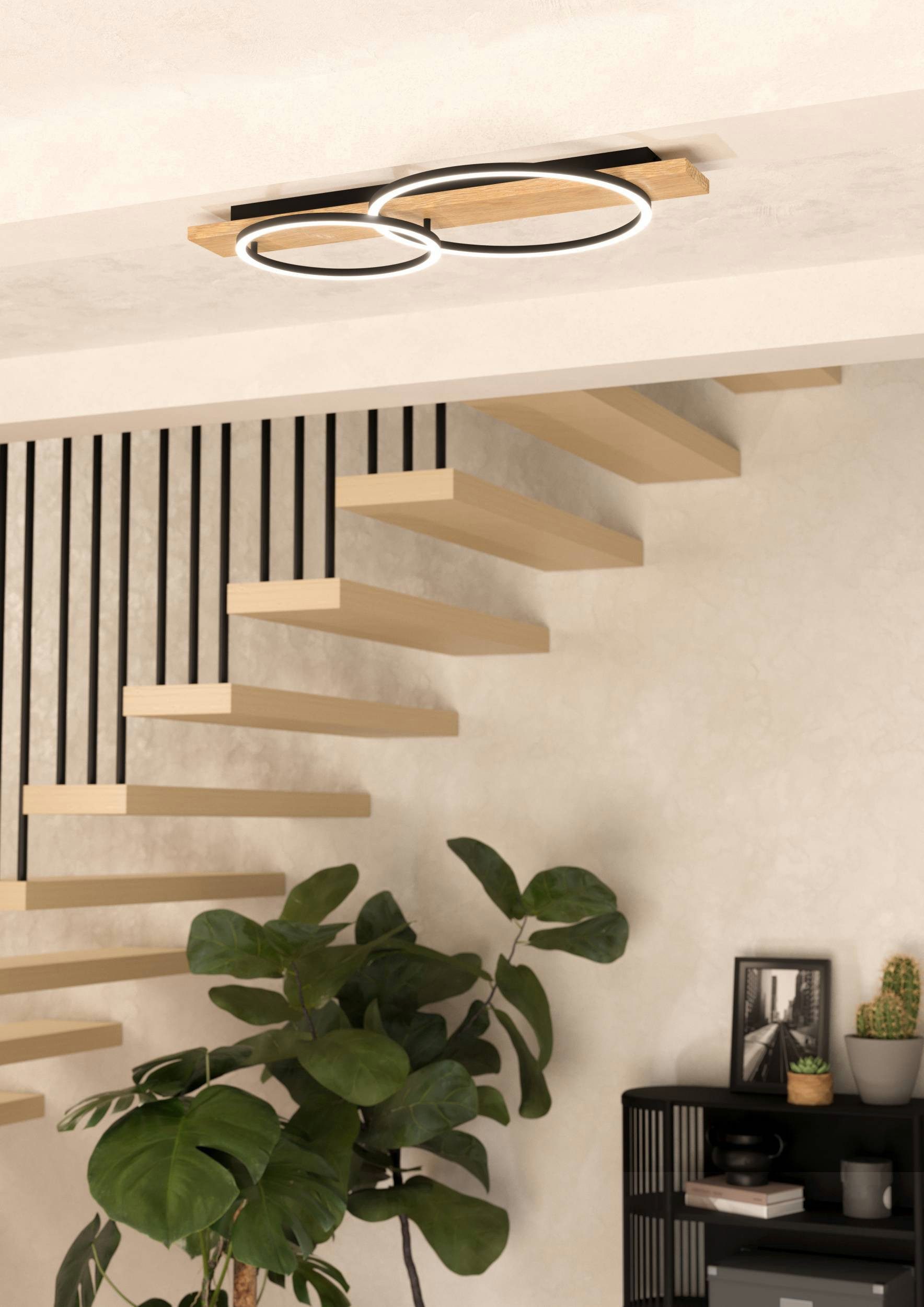 EGLO Deckenleuchte Boyal Deckenlampe, FSC zertifiziert, Flurlampe, Wohnzimmerlampe, Lampe, LED fest integriert, Warmweiß, Wand-/Deckenleuchte - L78 x B40 x H9 cm - schwarz, braun