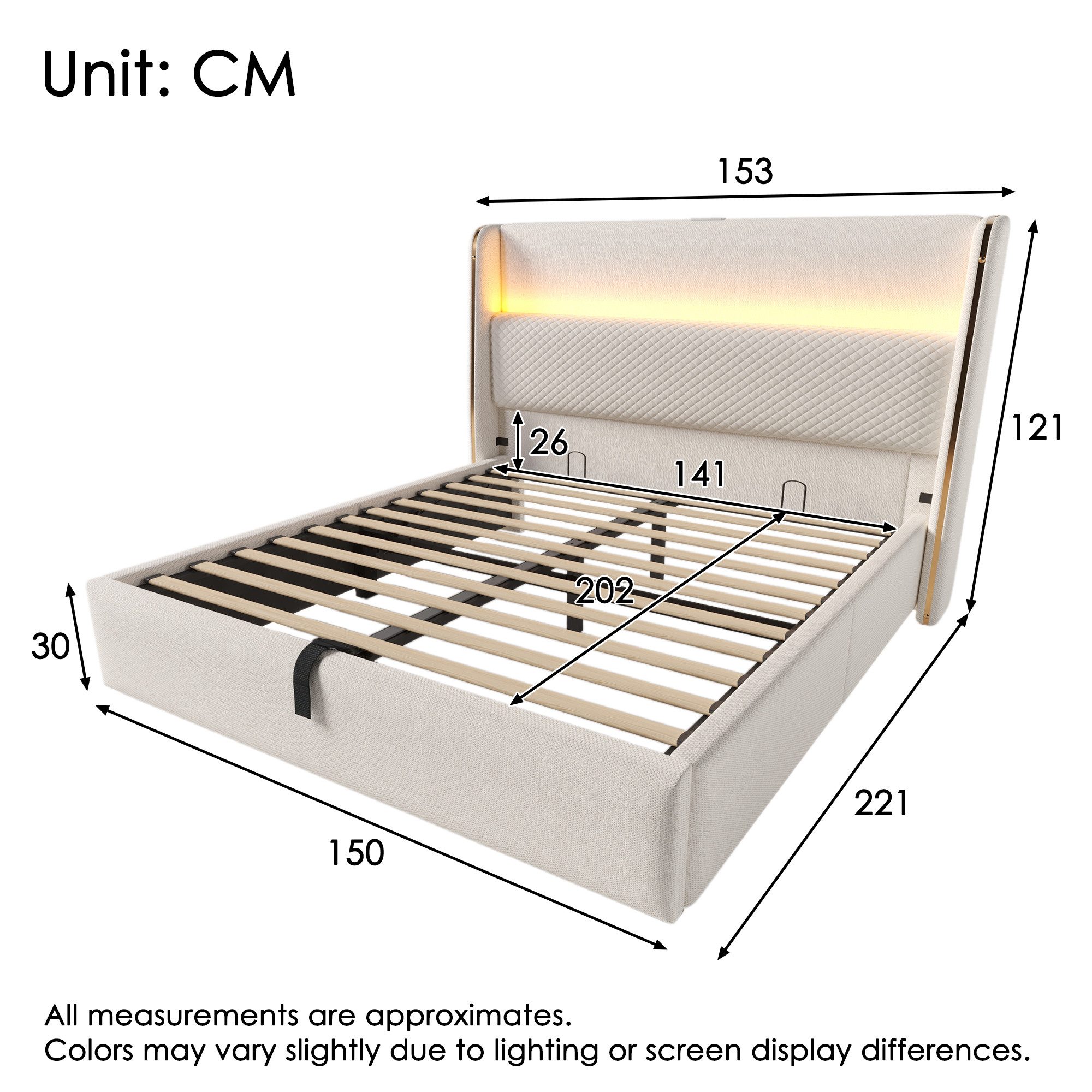 TavilaEcon Polsterbett 180×200cm & weitere Größen mit Bettkasten und hohem Kopfteil (1-tlg), Doppelbett mit hydraulischer Liftfunktion, USB/Type-C, 180×200, Bei – Bild 4 von 5