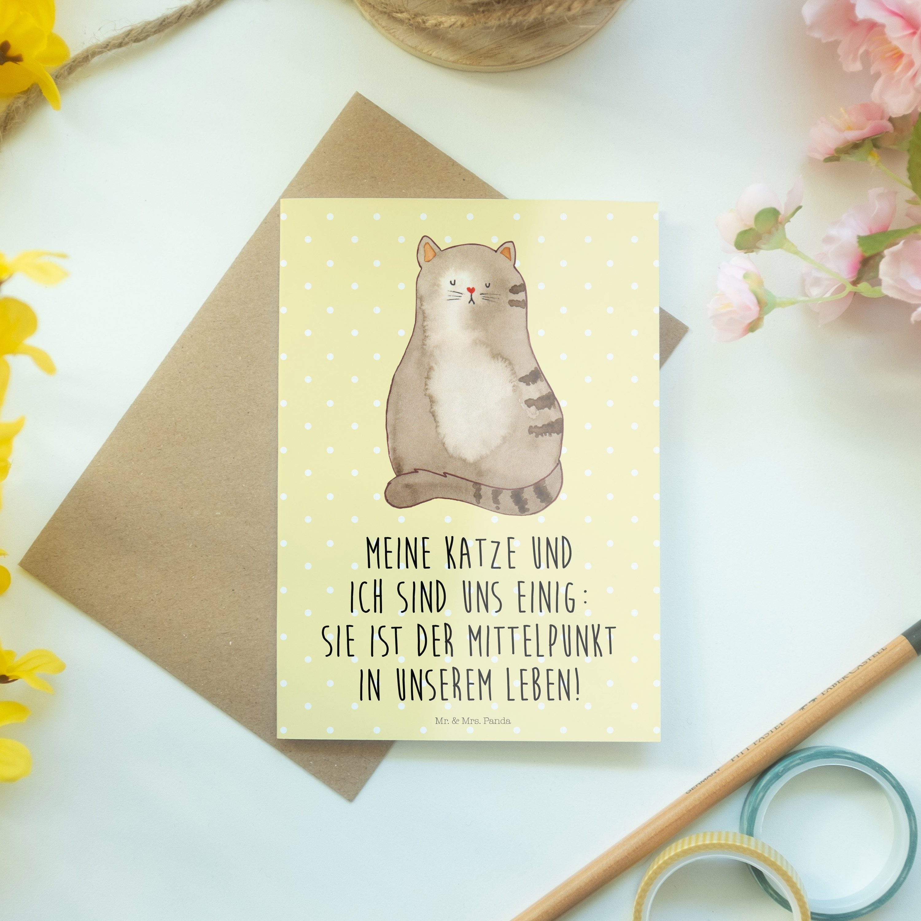 - Katzenprod & - Geschenk, Geburtstagskarte, Mr. sitzend Gelb Grußkarte Katze Pastell Mrs. Panda