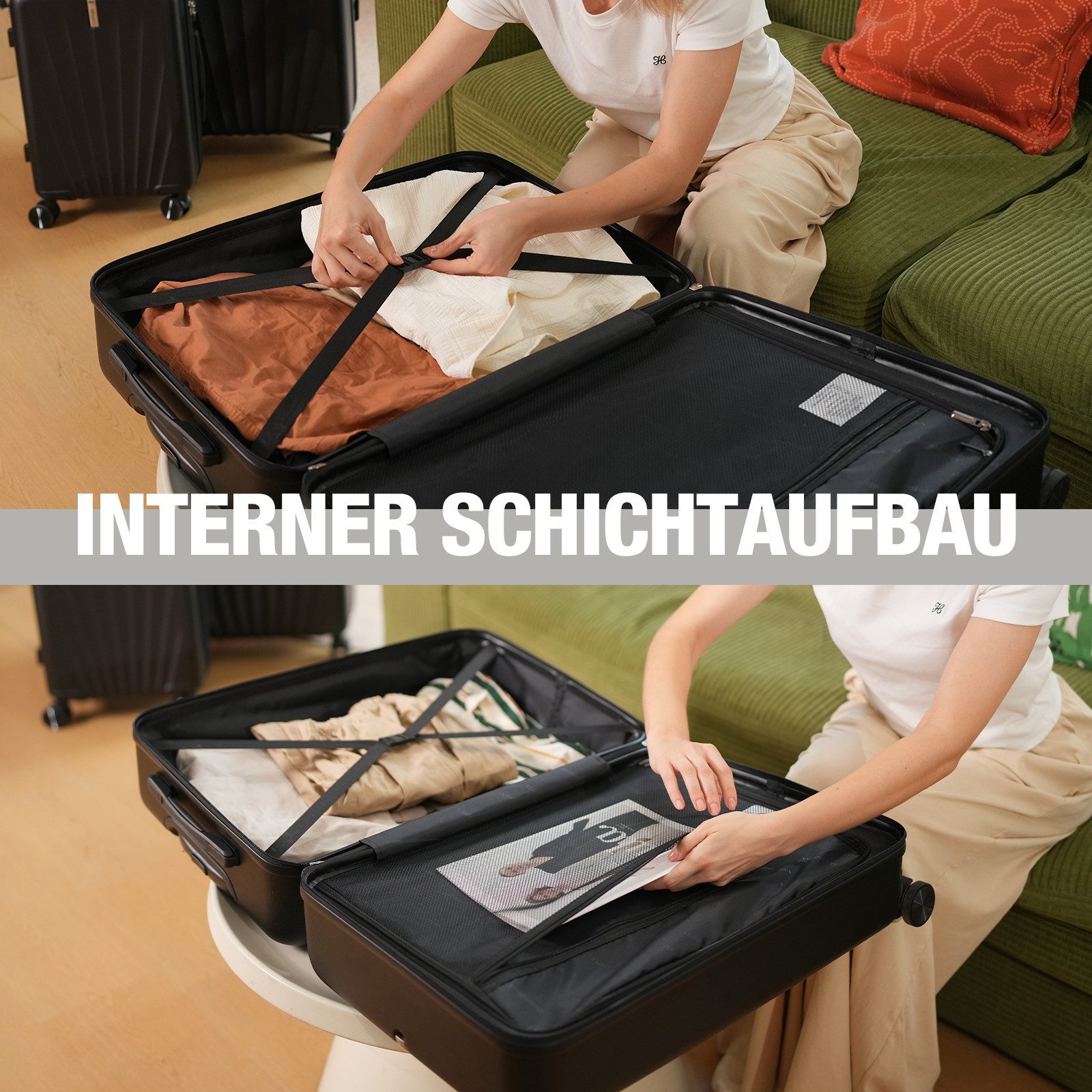 VALLSERO Trolleyset M-L-XL-Set, Gepäck mit Kosmetiktasche, Hartschalen-Koffer, 5-teiliges Set, hochfestes ABS-Gehäuse, 360° geräuschloses Rad – Bild 4 von 5